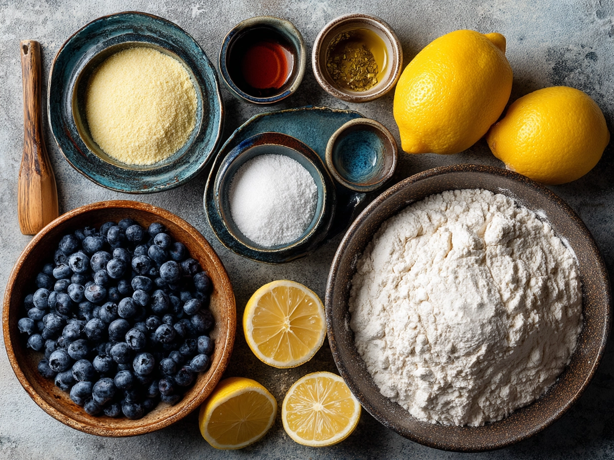 Ingredients for Lemon Blueberry Sourdough Bread including flour, lemons, blueberries, and sourdough starter