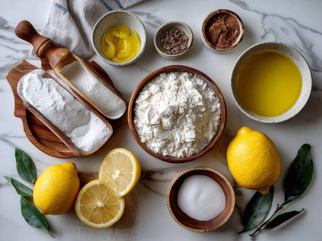 Ingredients for Lemon Crinkle Cookies laid out in bowls