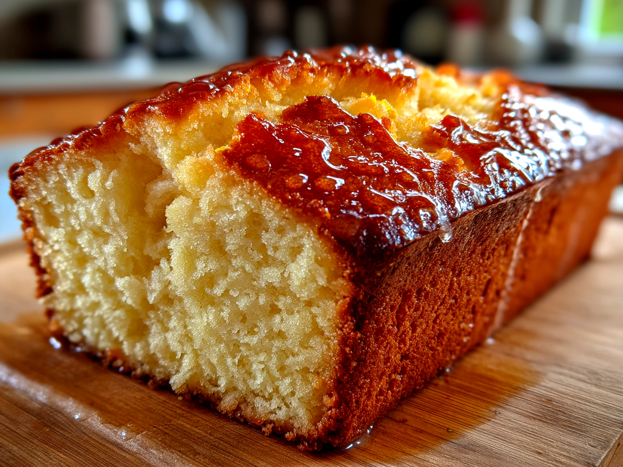 Slice of Lemon Loaf served on a white plate with a cup of tea