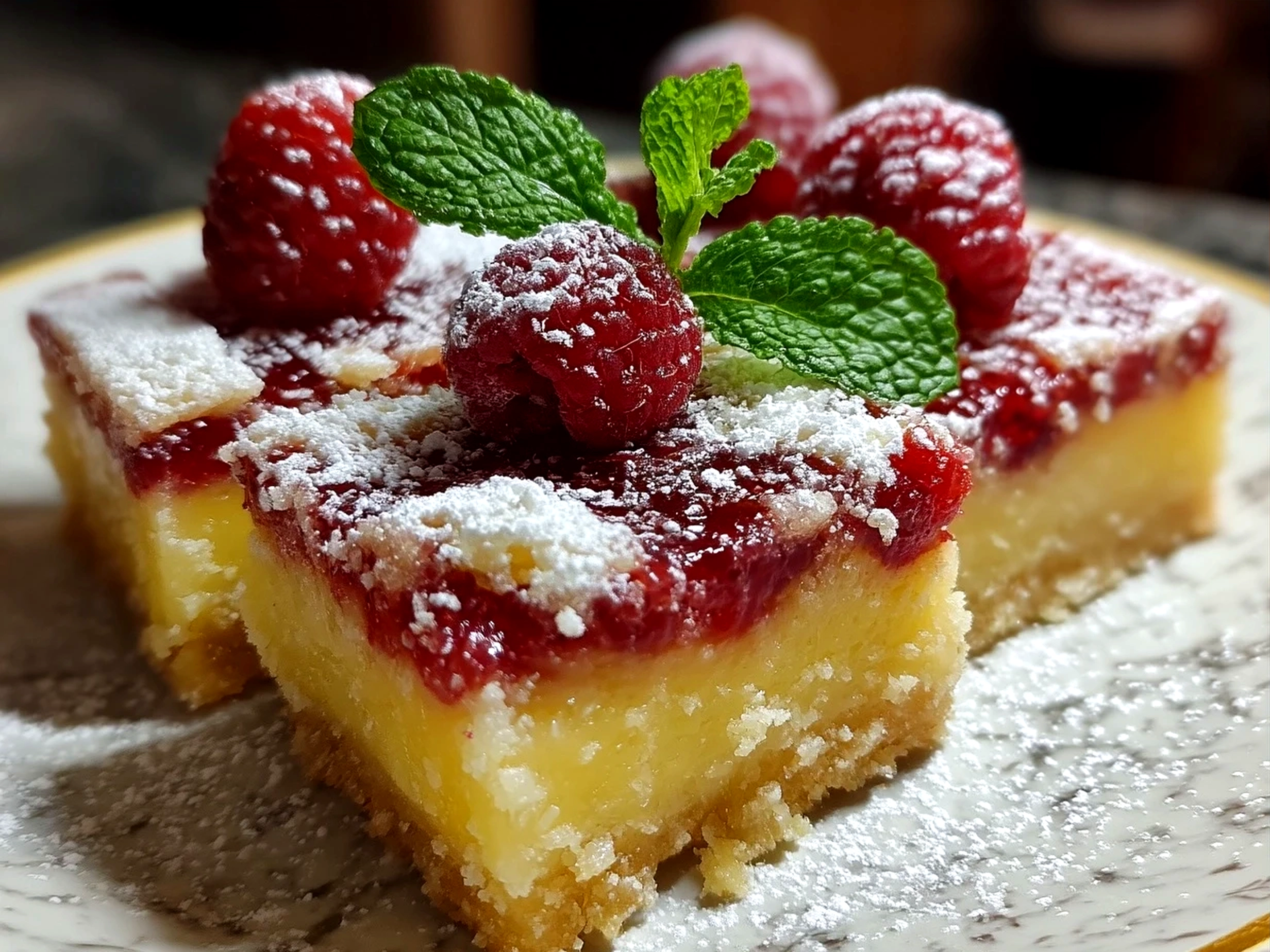 Serving of Lemon Raspberry Bars with whipped cream