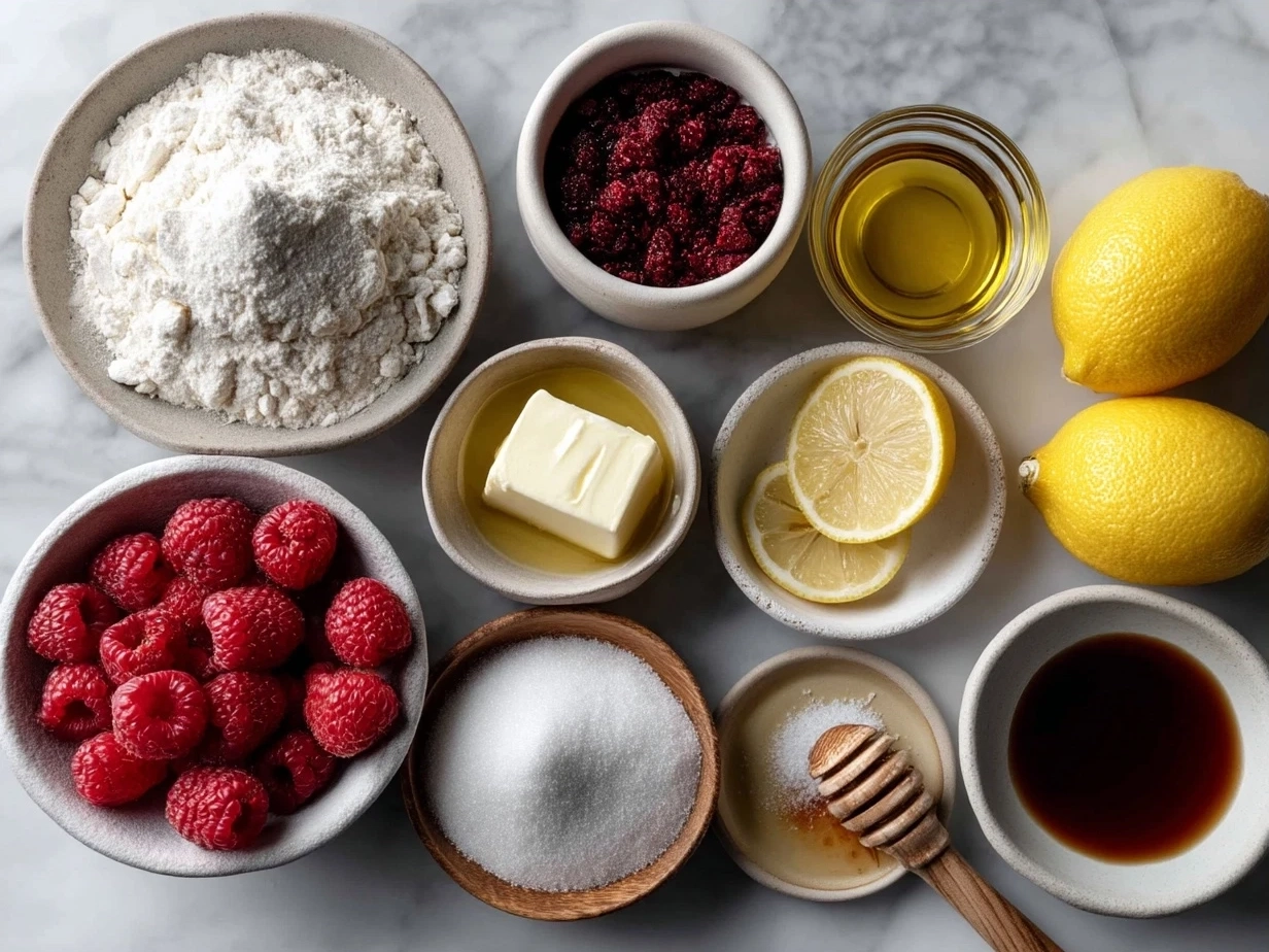 Ingredients for Lemon Raspberry Bars on kitchen counter