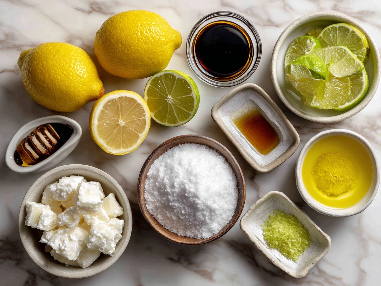 Ingredients needed for homemade limoncello recipe including lemons, alcohol, sugar, and water