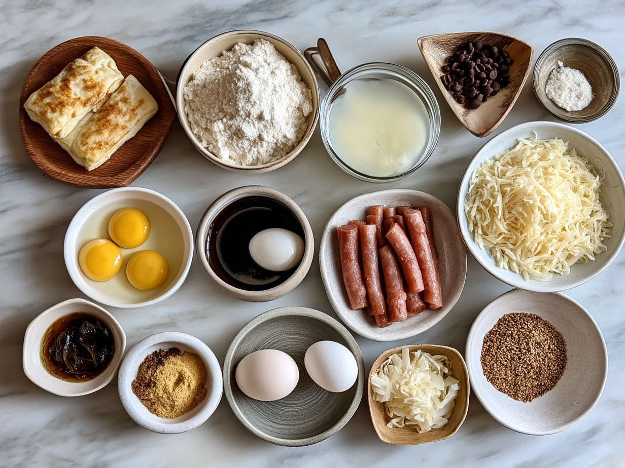 Ingredients for Little Smokies in Crescent Rolls including crescent roll dough, mini sausages, and optional cheese and barbecue sauce