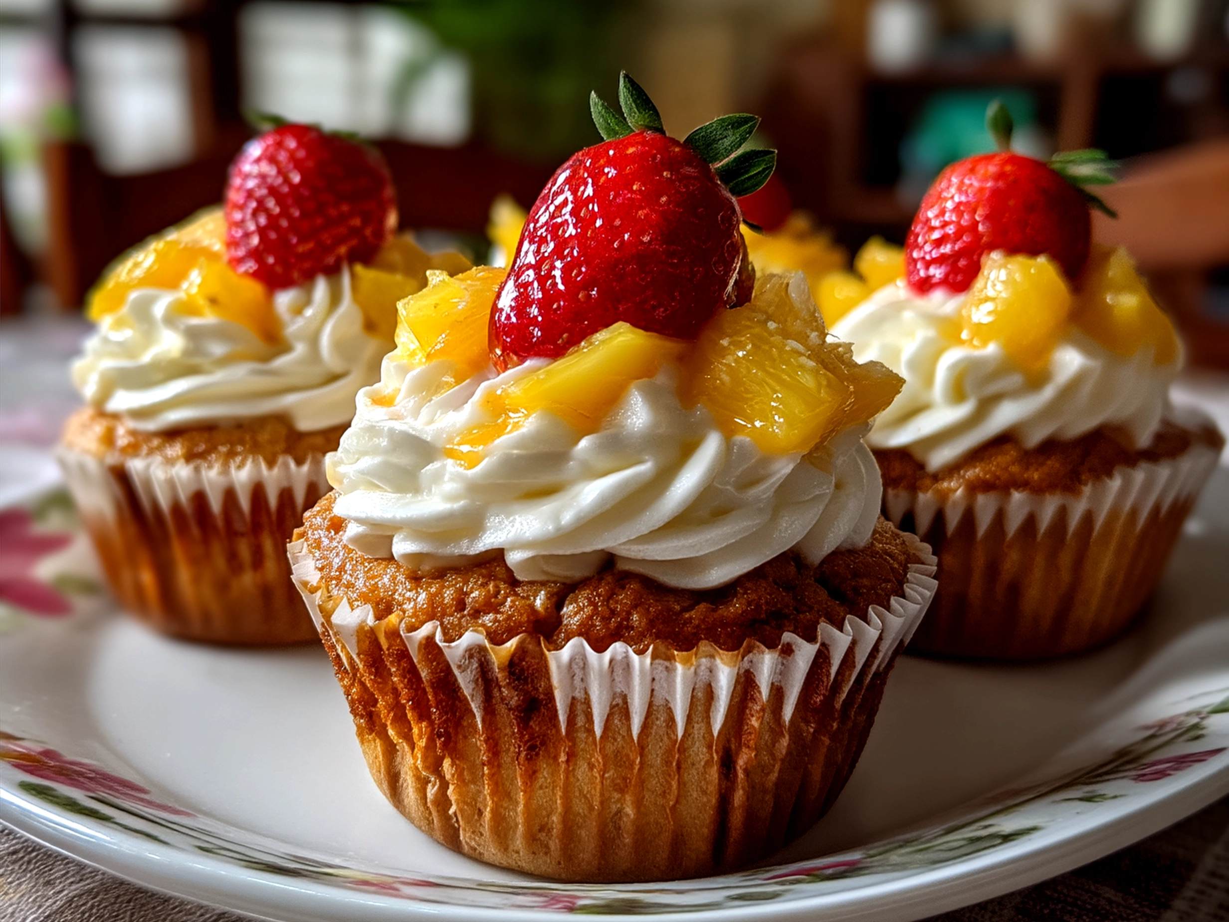 Freshly baked Mango Strawberry Cupcakes decorated with fruit toppings and colorful frosting.