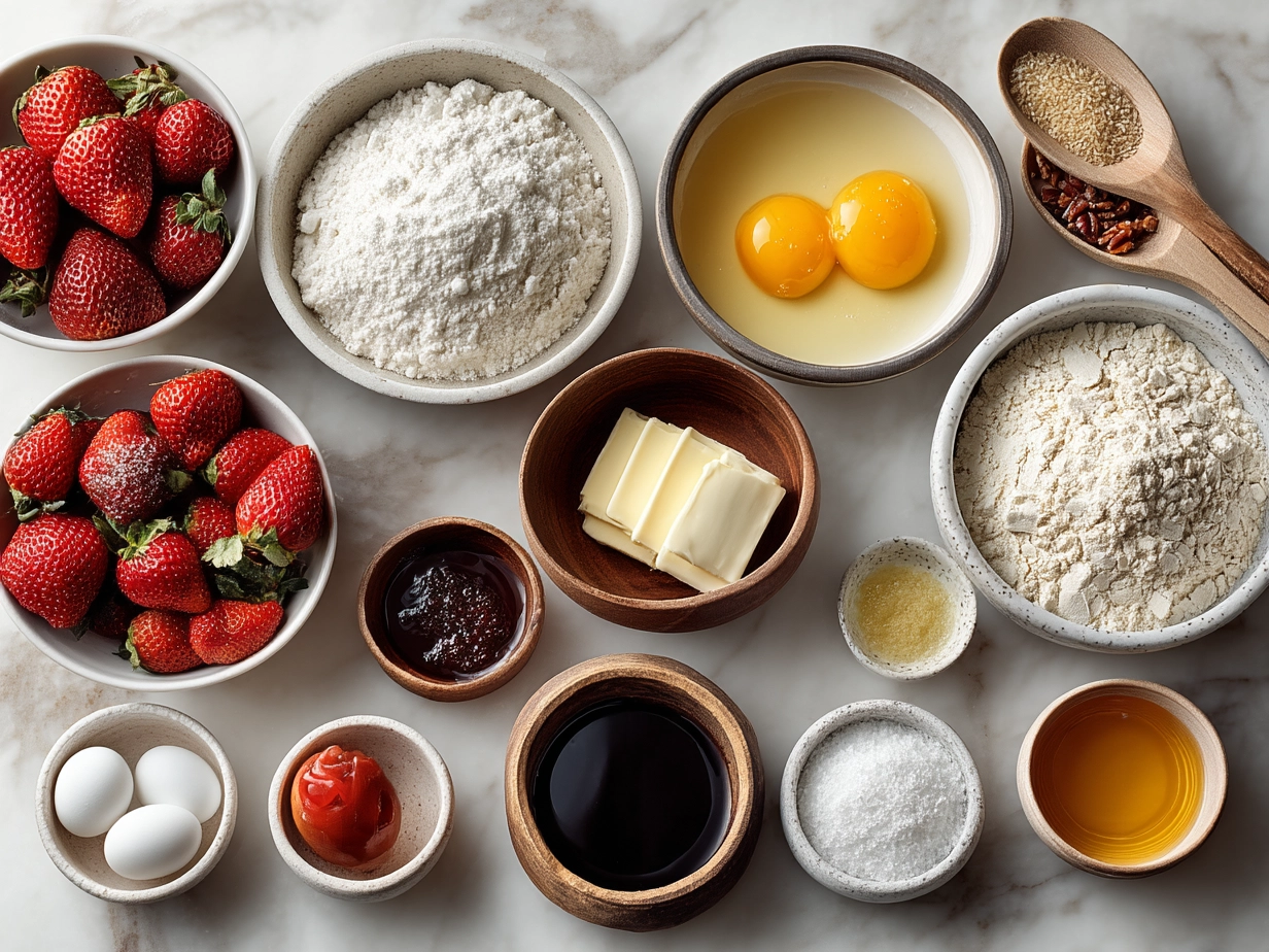 Ingredients for Mango Strawberry Cupcakes including fresh mango, strawberries, flour, butter, sugar.