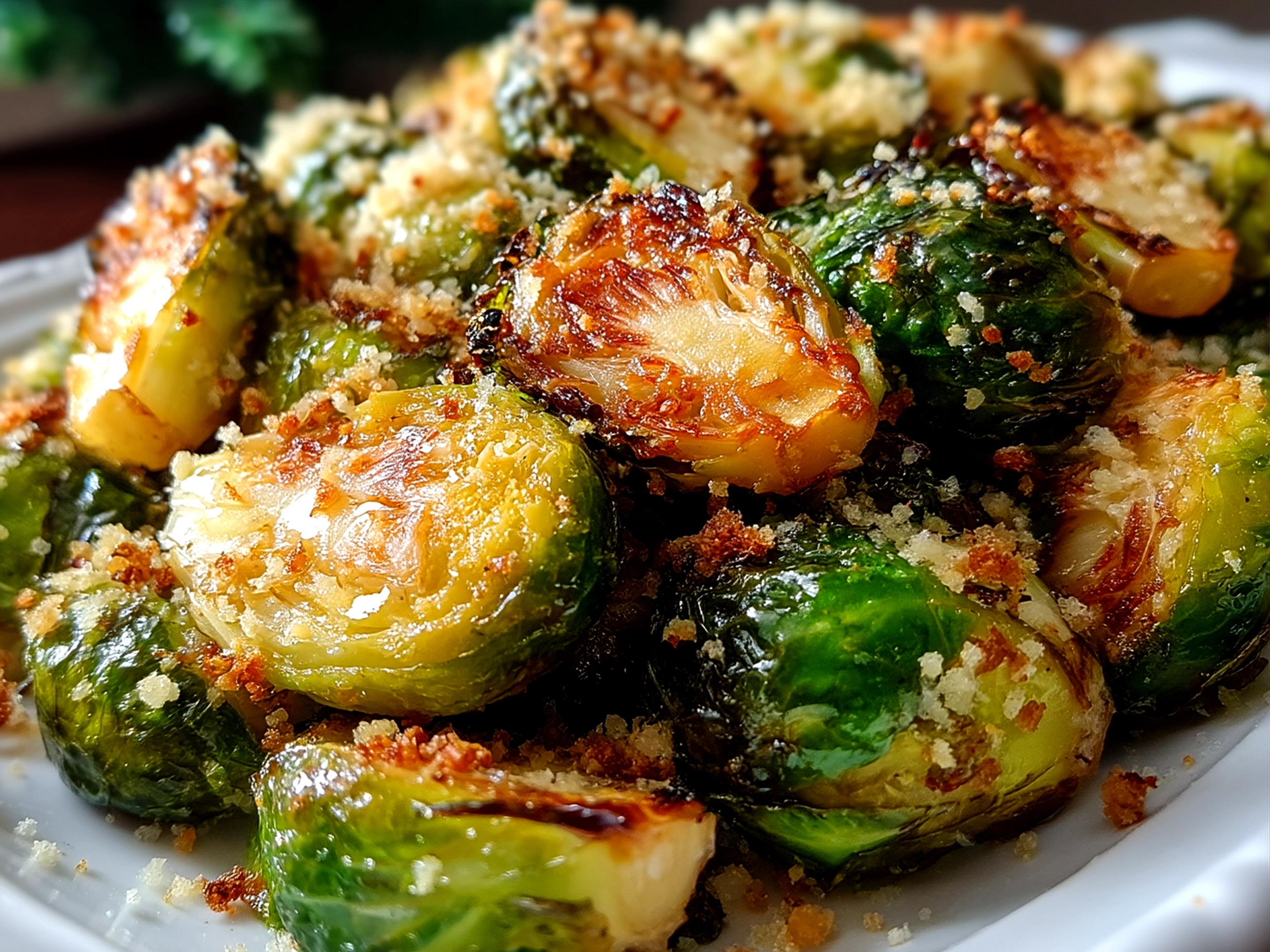 Finished Maple Balsamic Roasted Brussels Sprouts served on a plate