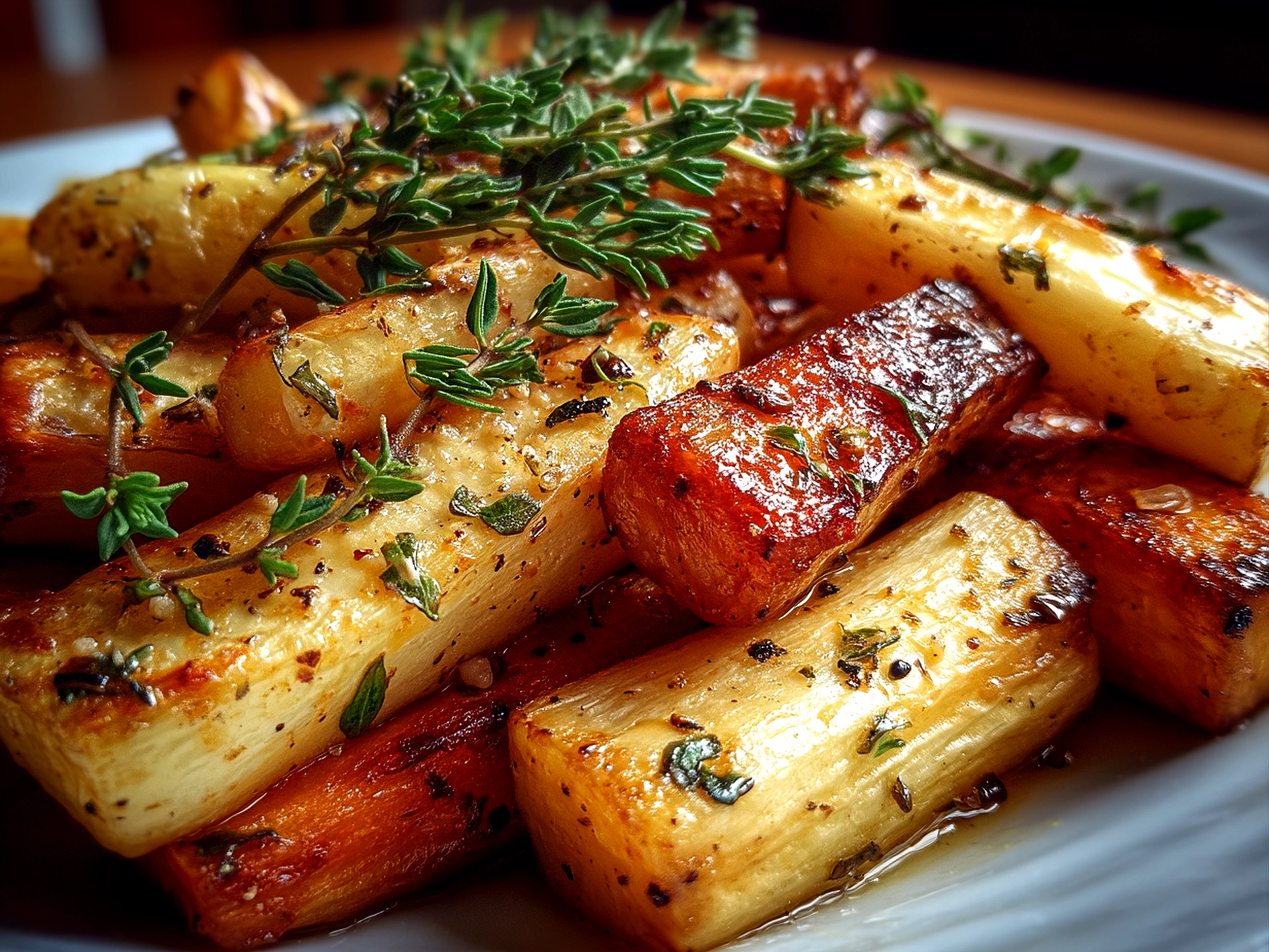 Serving bowl of Maple Roasted Parsnips with Thyme ready to eat