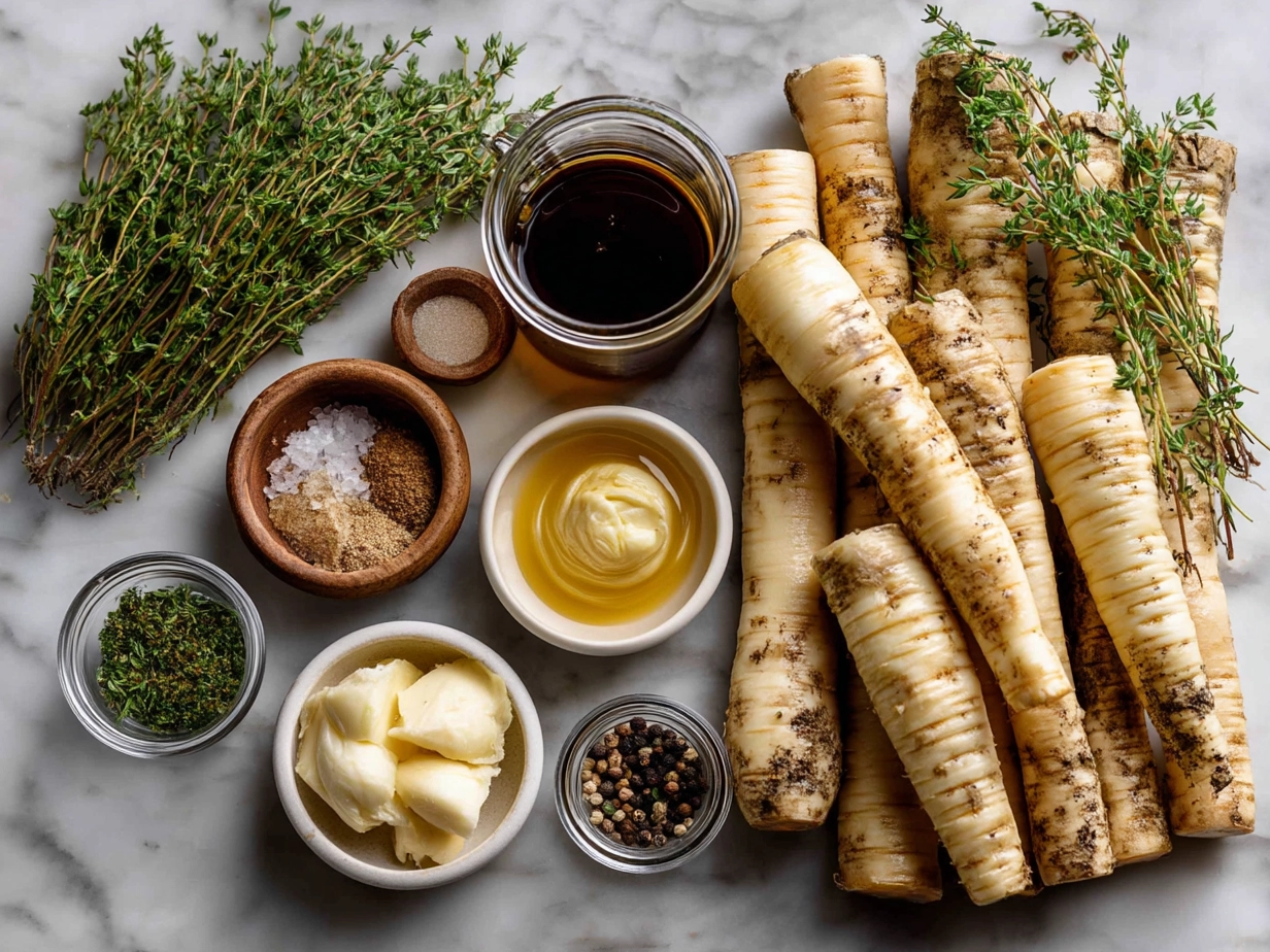 Ingredients for Maple Roasted Parsnips with Thyme laid out on a table