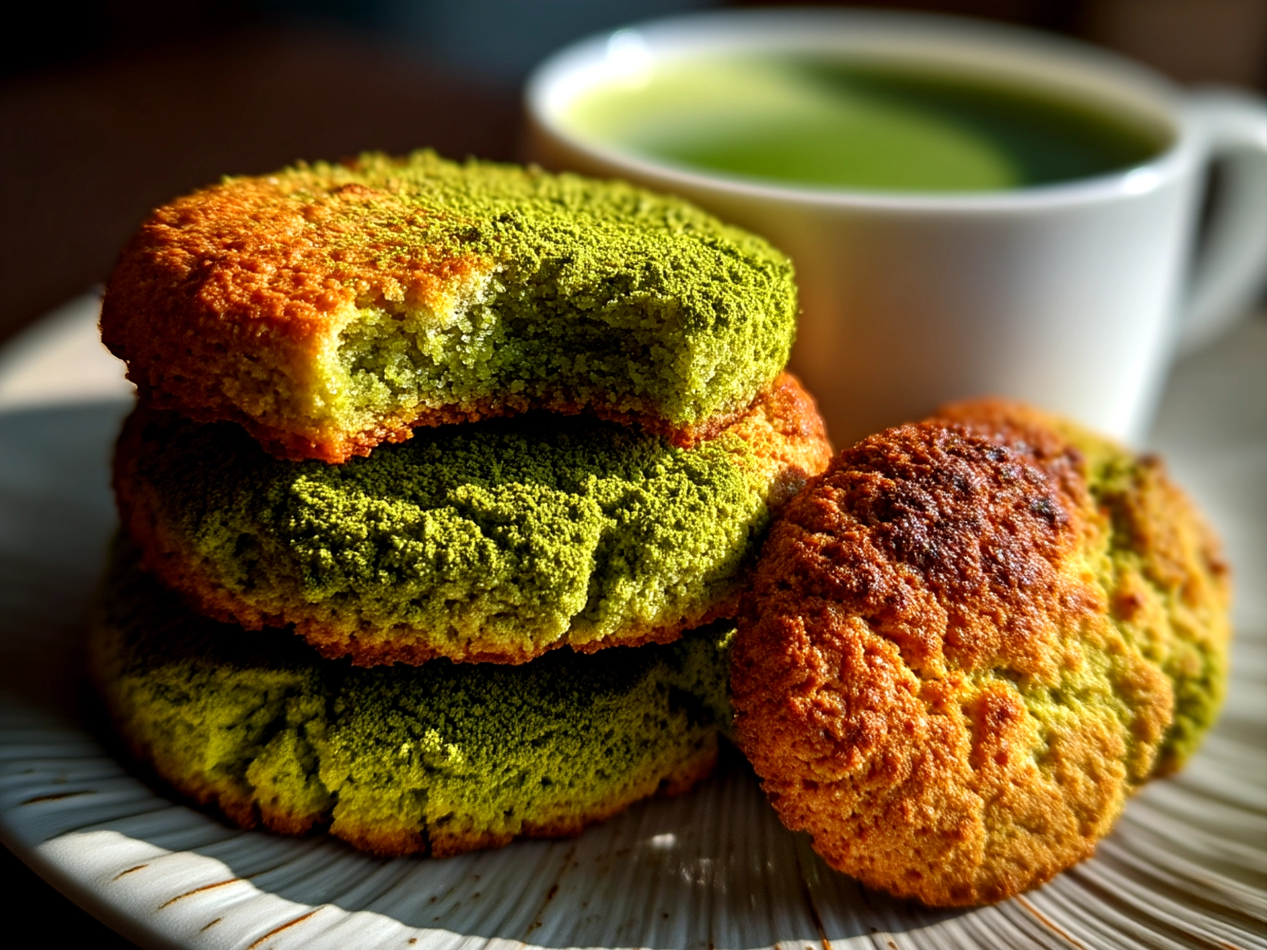 Serving of Matcha Latte Cookies on a plate with a glass of milk