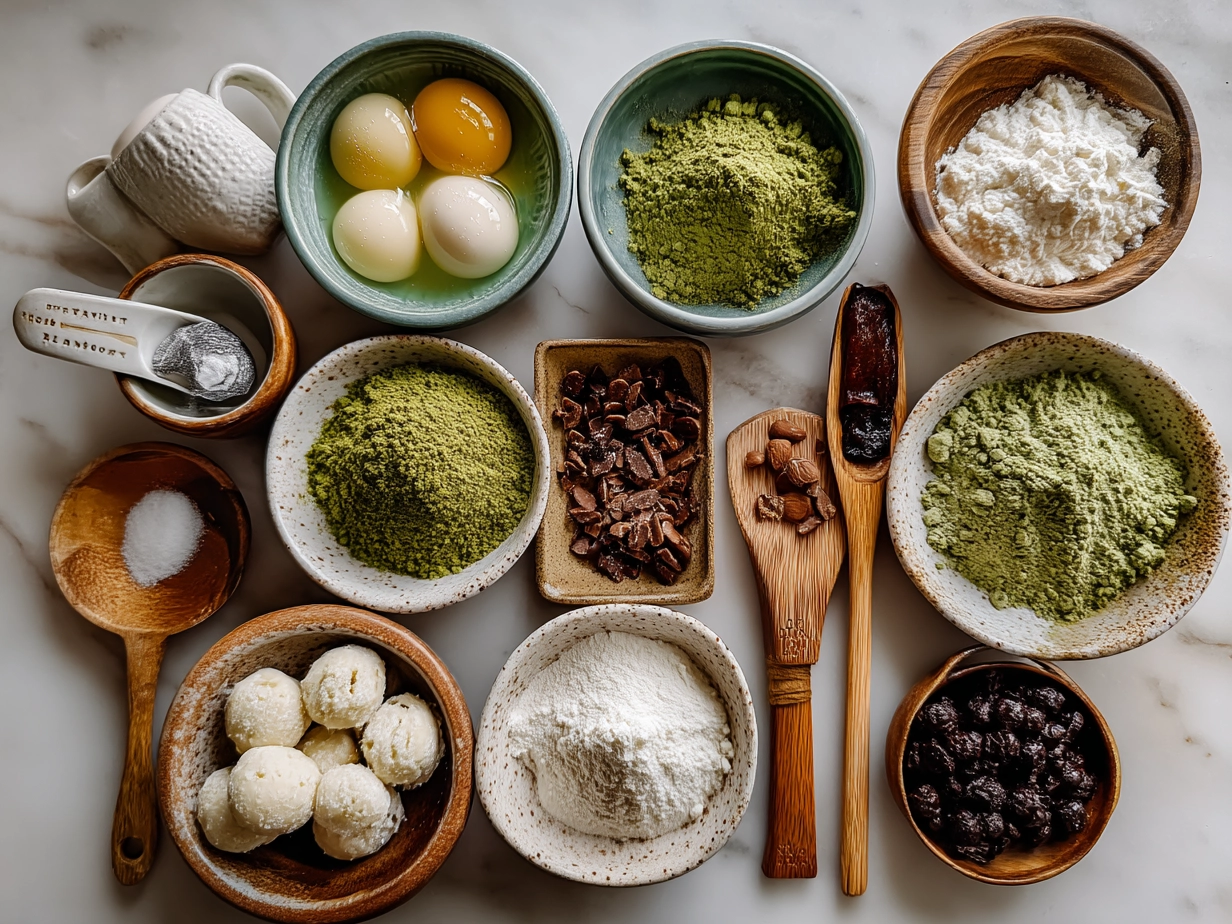 Ingredients for Matcha Latte Cookies laid out on a kitchen surface