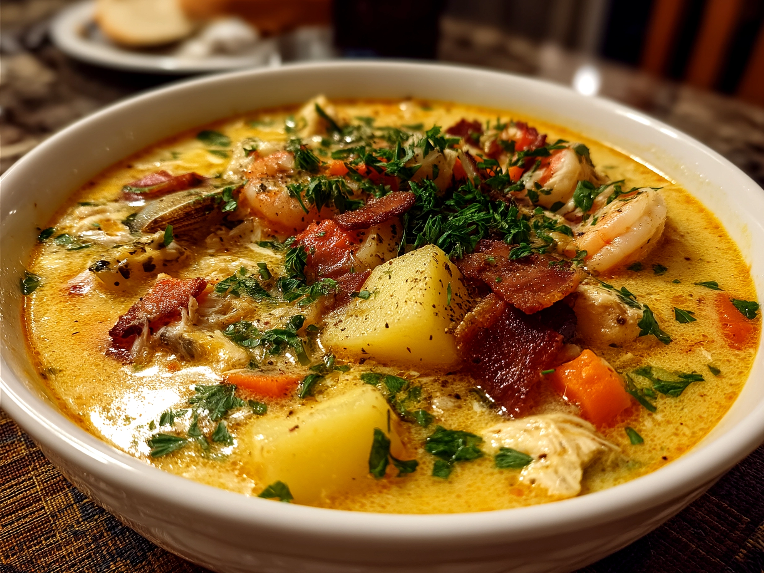 Serving of creamy Nova Scotia Seafood Chowder garnished with fresh parsley