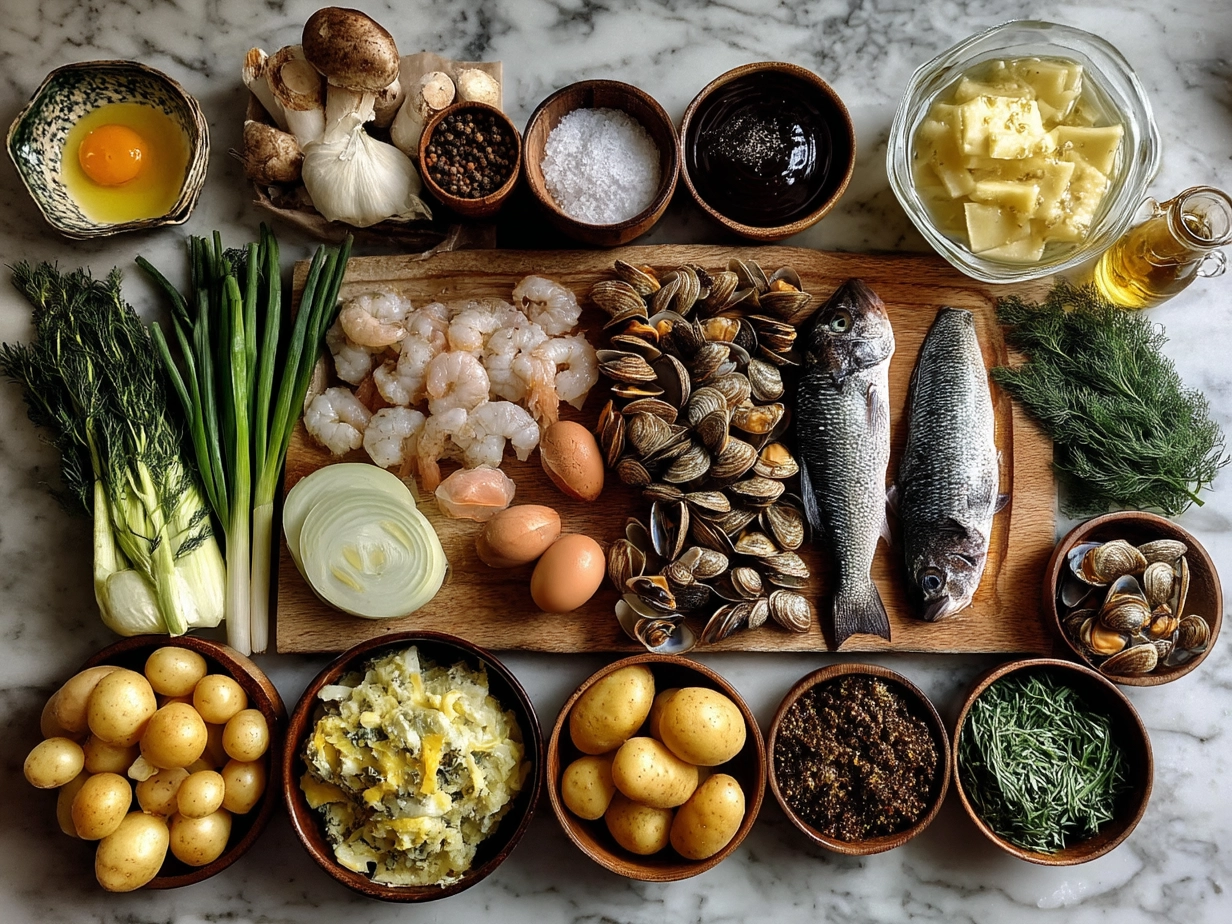 Ingredients for Nova Scotia Seafood Chowder including cod, clams, potatoes, carrots, and celery