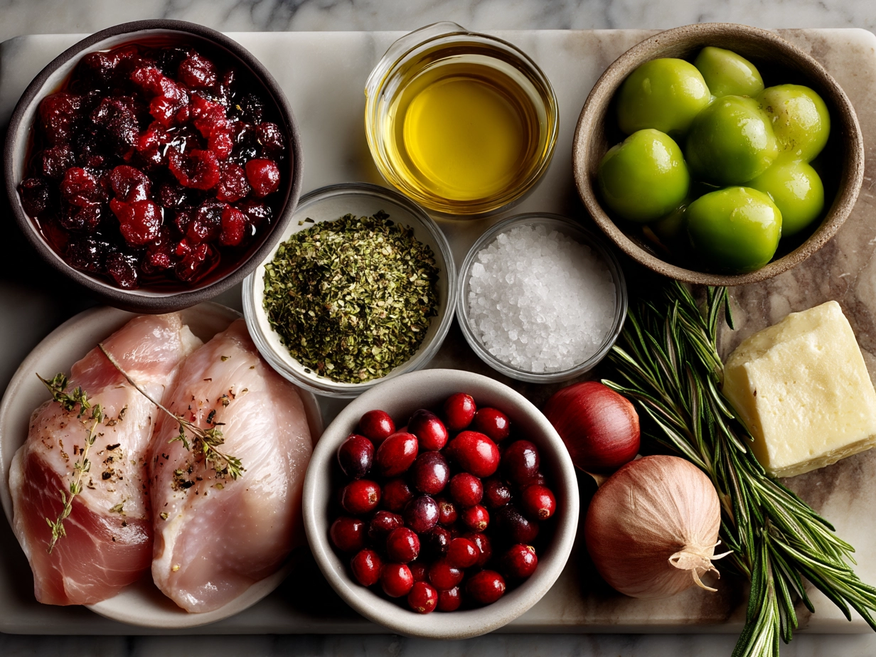 Ingredients for One-Pan Cranberry Rosemary Chicken neatly arranged