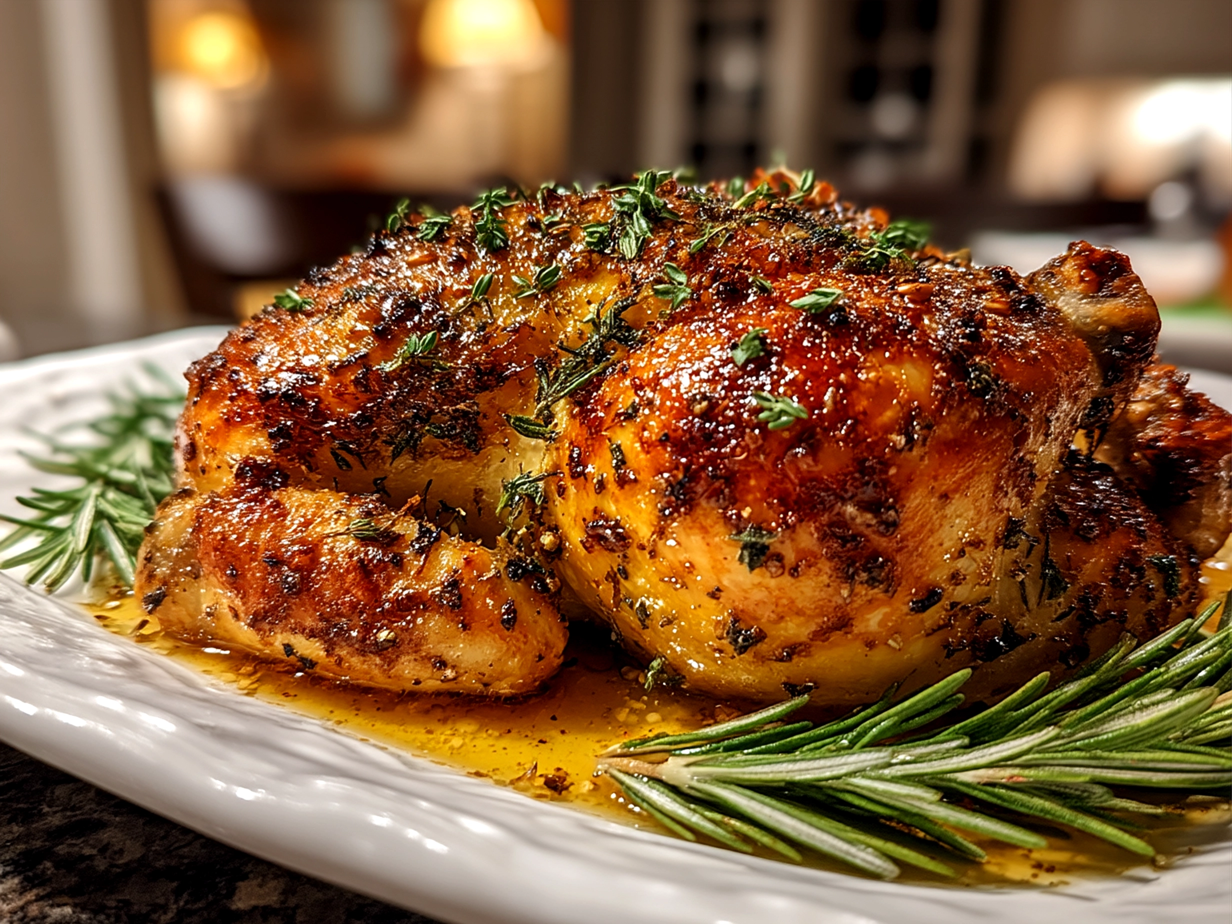 Plated Orange Rosemary Roasted Chicken with side dishes