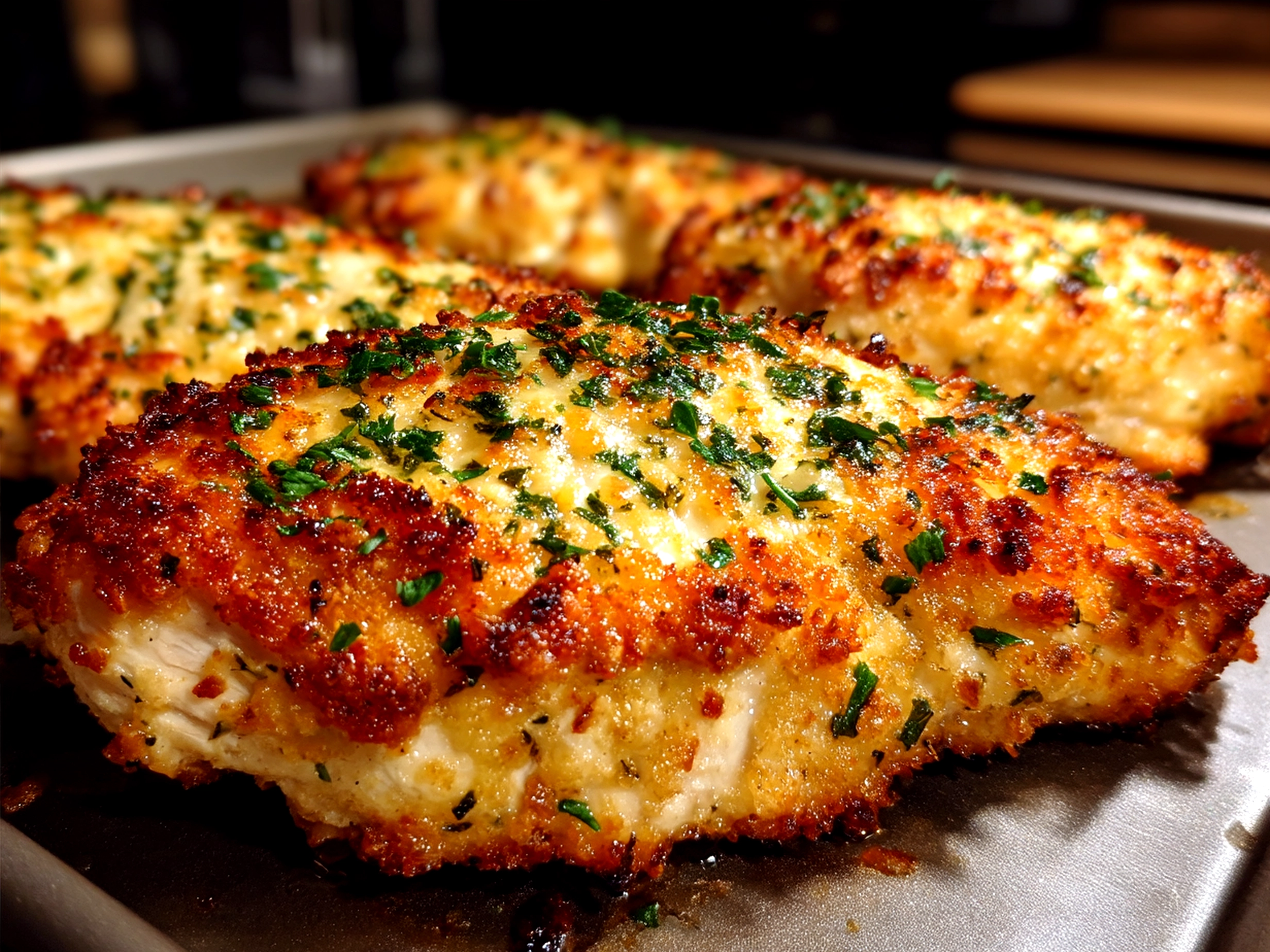 Serving of Parmesan Crusted Chicken Sheet Pan with sides