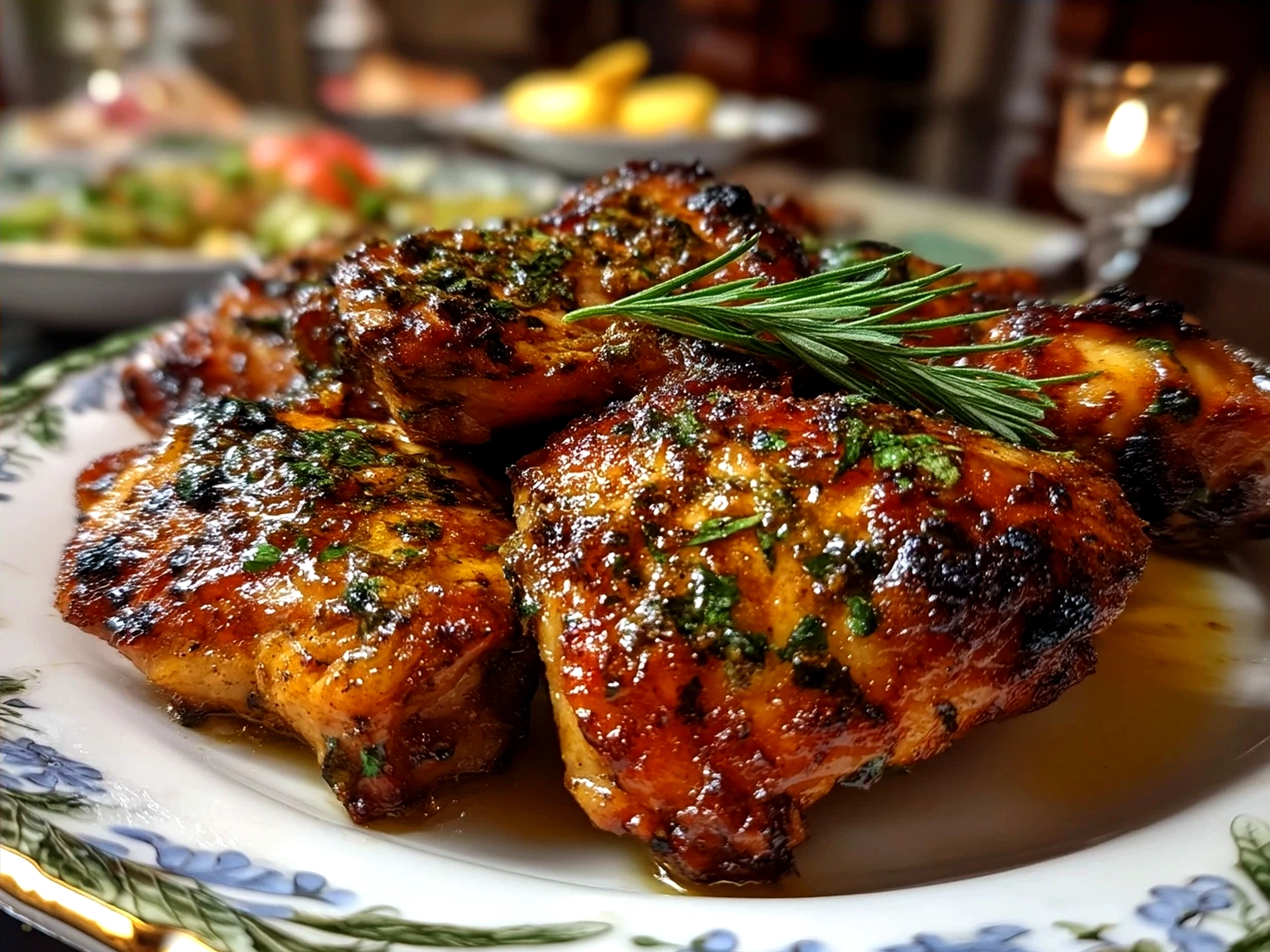 Serving of Pollo Asado with sides including avocado salad and corn on the cob