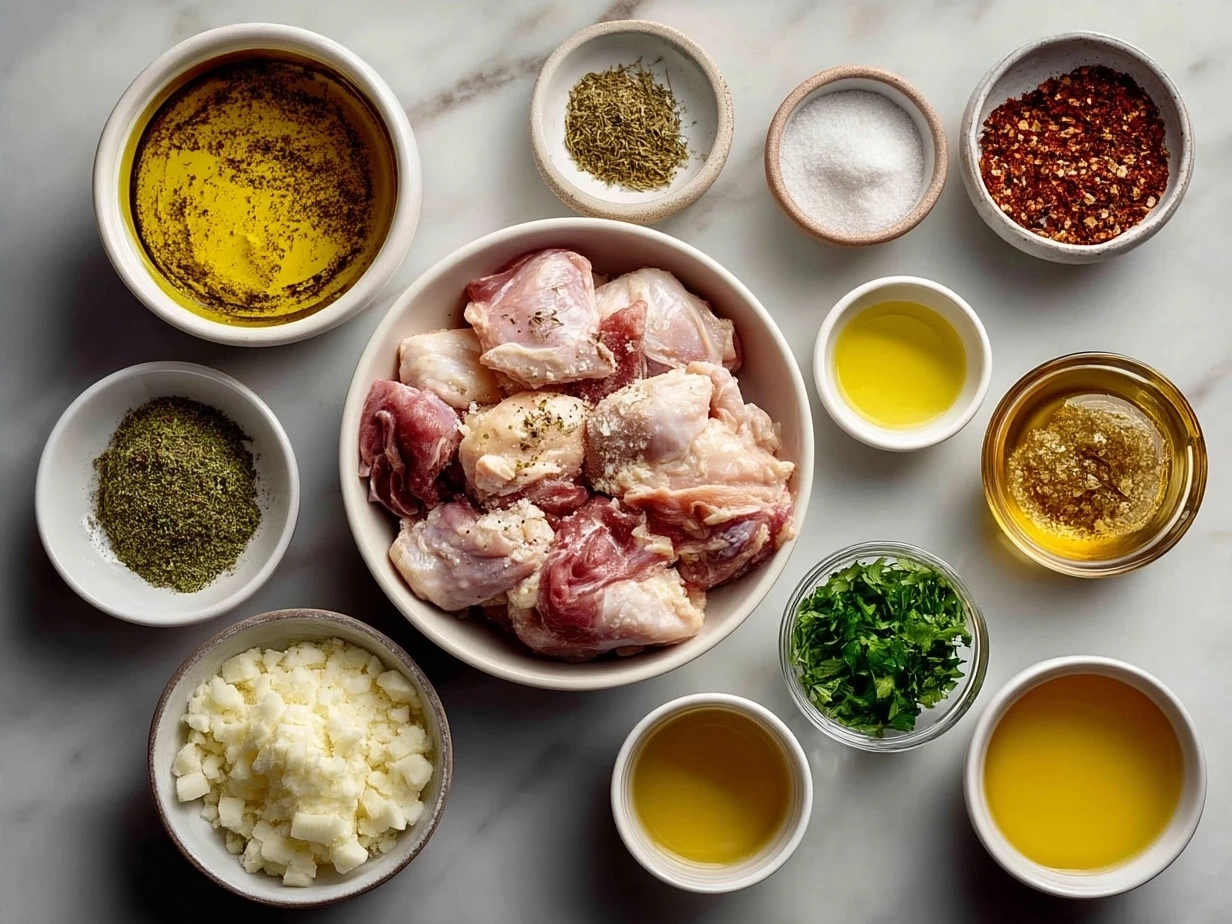 Ingredients for Pollo Asado including spices, garlic, citrus, and chicken