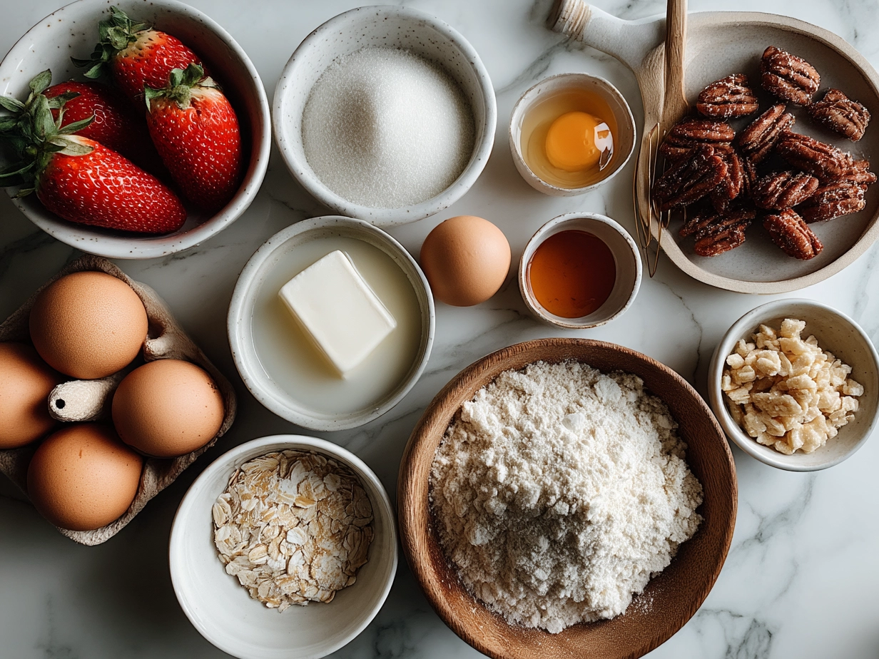 Raw ingredients for strawberry crunch cookies including flour, strawberries, and sugar