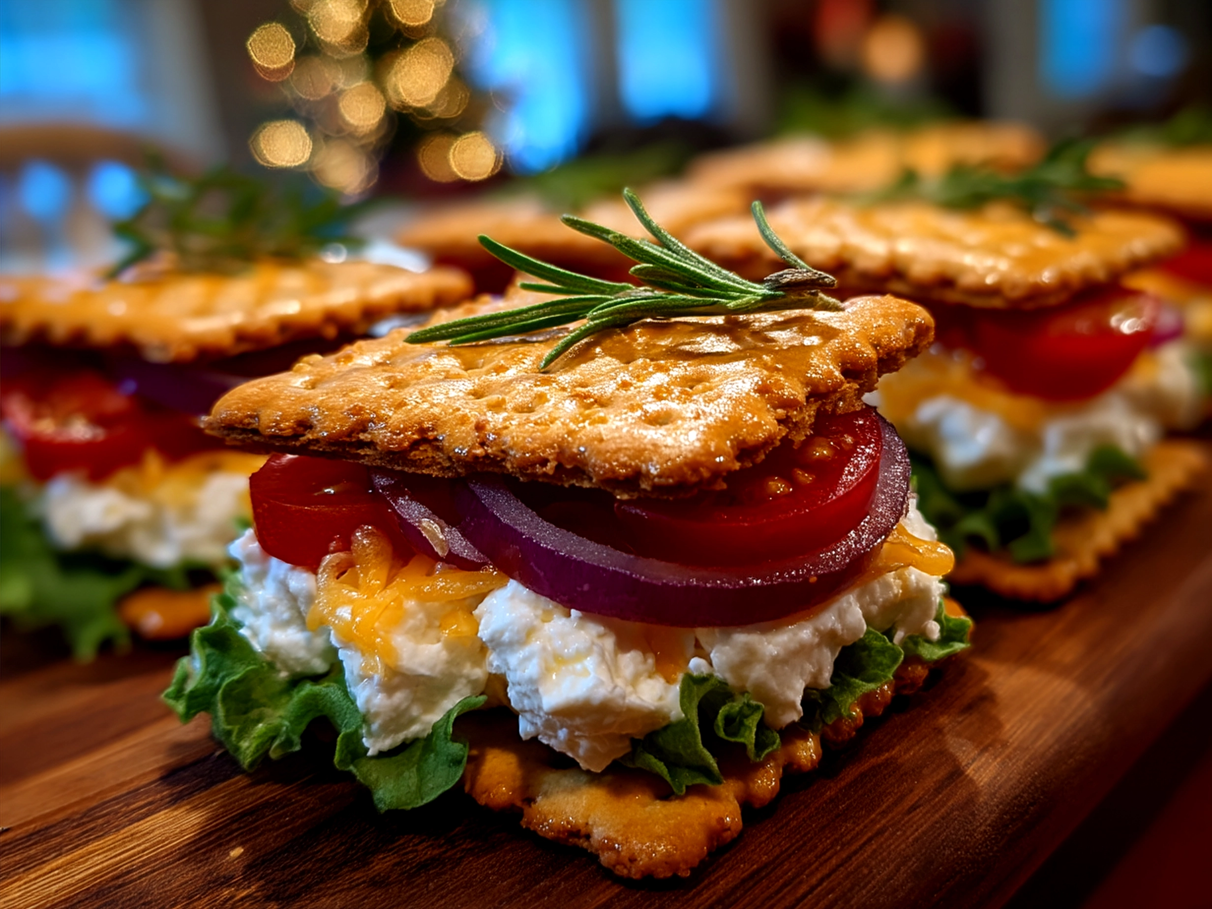 Platter of finished Ritz Crackers Party Sandwiches with garnish, ready to serve.