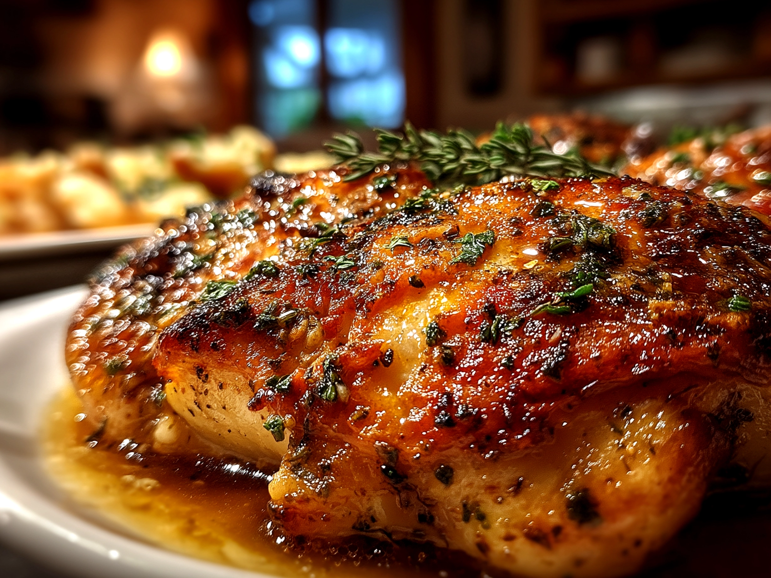 Plated roasted chicken served with mashed potatoes and green beans