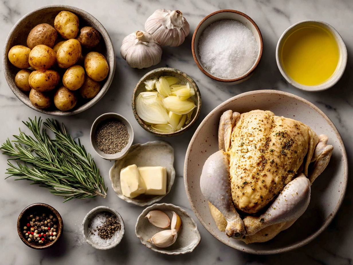 Ingredients for roasted chicken including whole chicken, olive oil, herbs, garlic and lemon