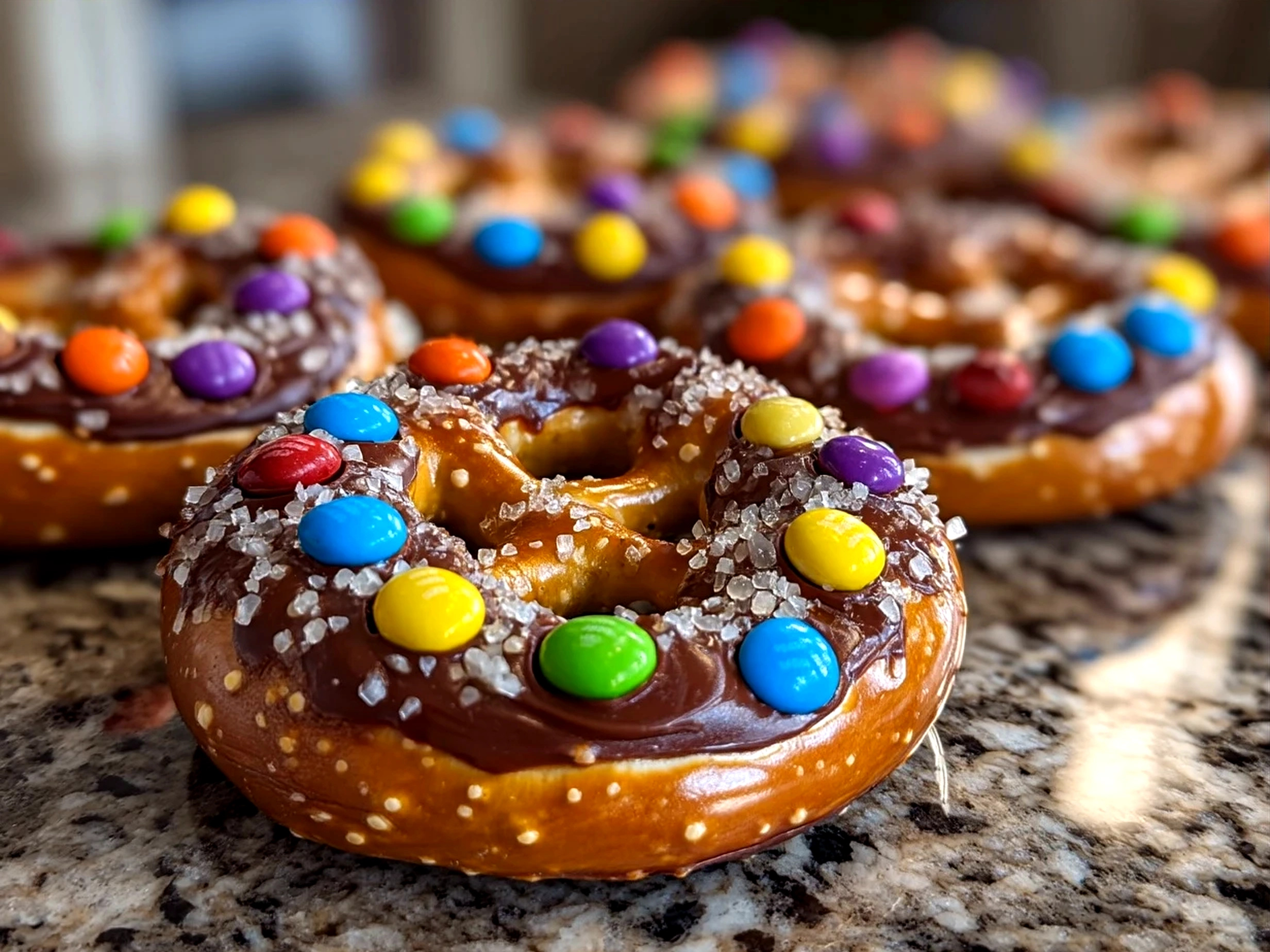 Finished Rolo Pretzels topped with colorful mm candies ready to serve