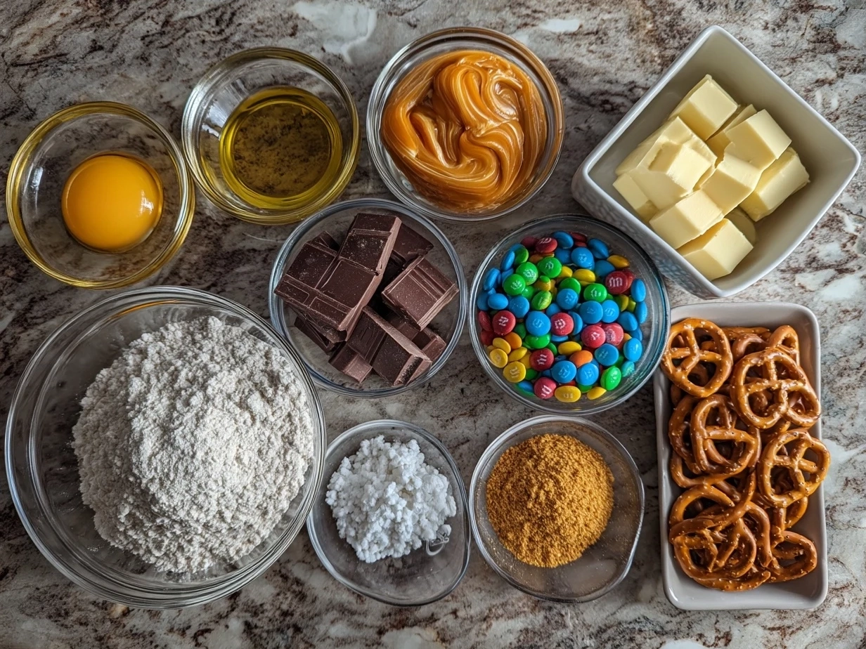 Ingredients for Rolo Pretzels with mm candies including pretzels, Rolo candies, and mm candies