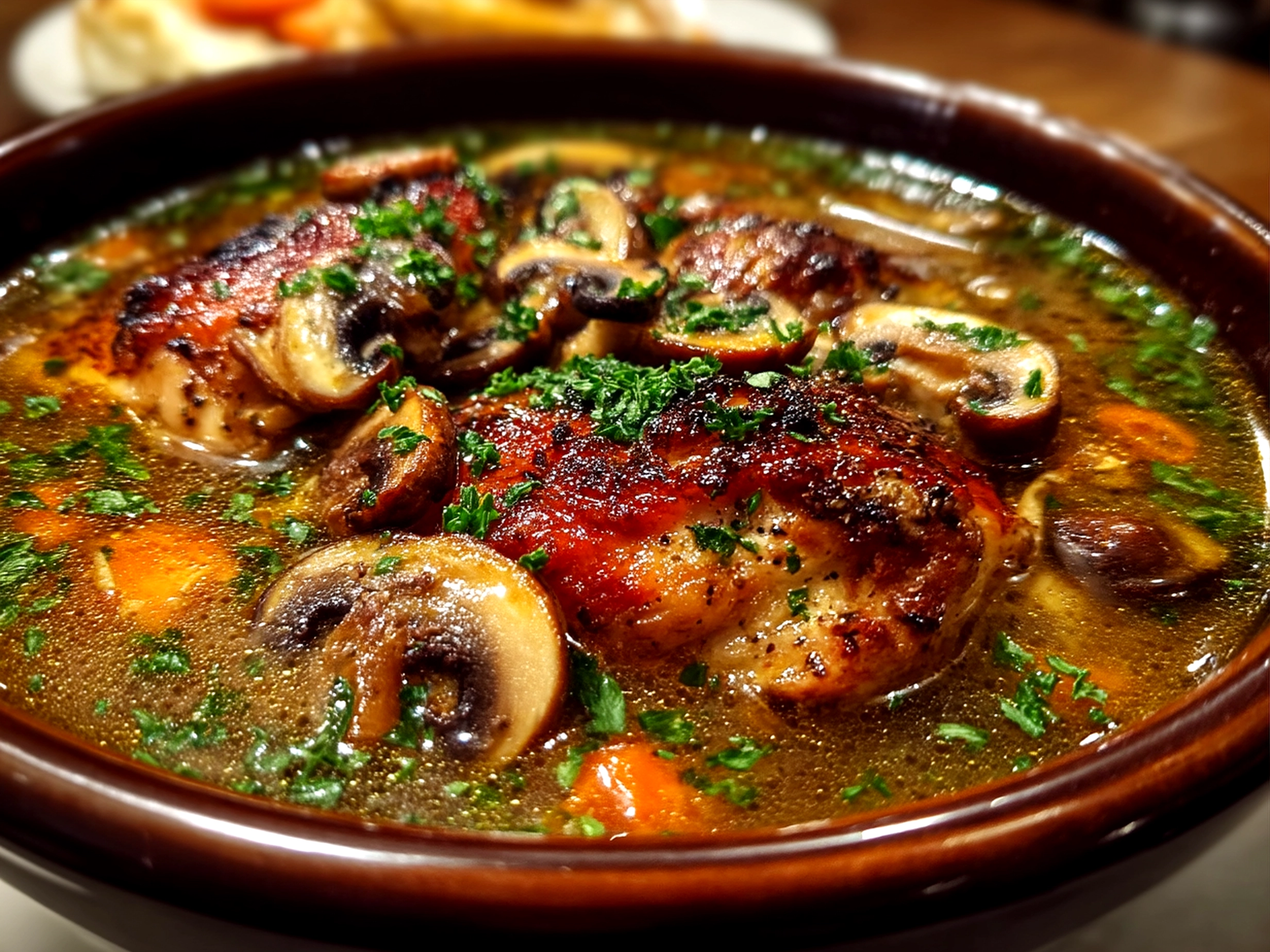 Bowl of creamy rotisserie chicken and mushroom soup served with fresh parsley garnish