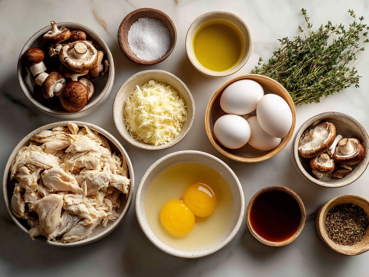 Ingredients for rotisserie chicken and mushroom soup including shredded chicken, mushrooms, onions, garlic, broth, cream, butter, and herbs