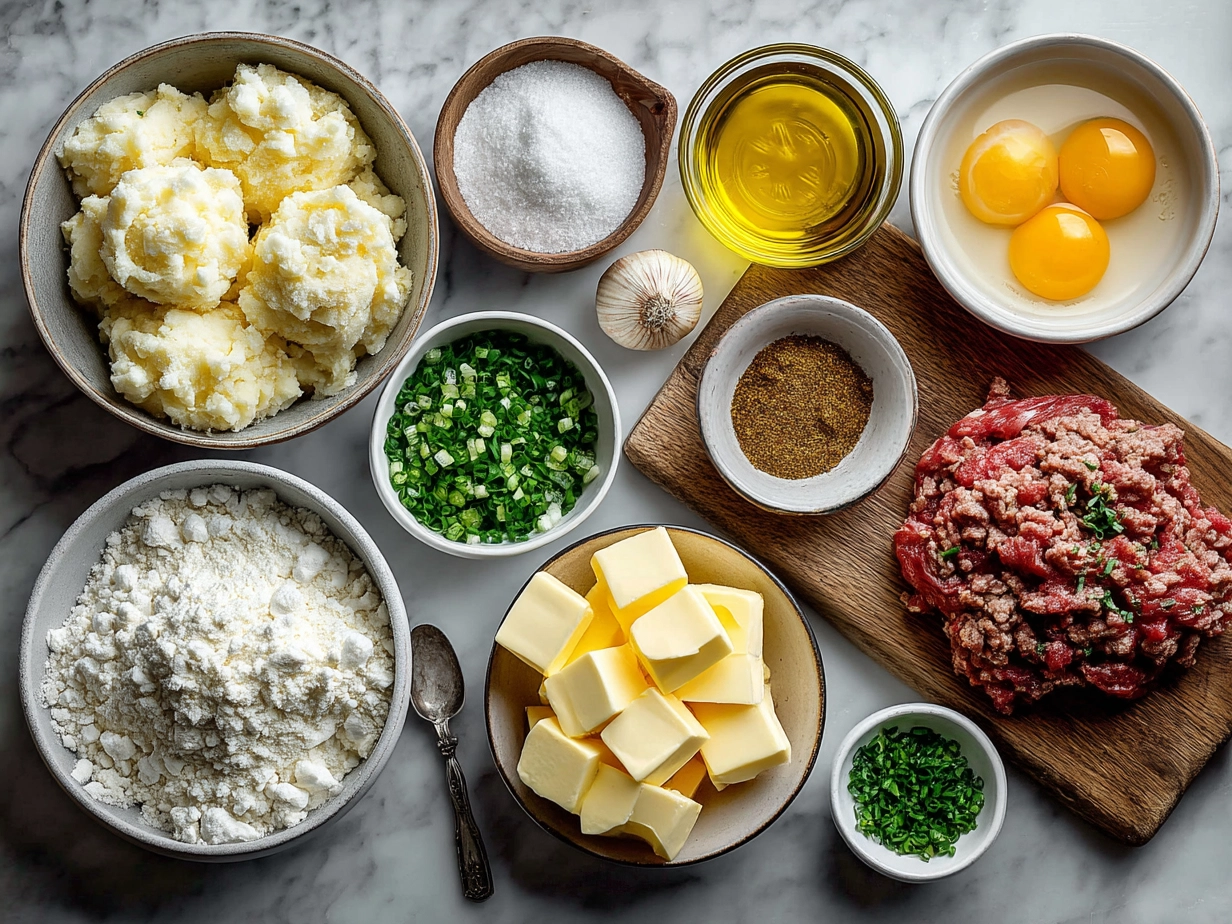 Ingredients for Shepherds Pie including ground lamb, onions, garlic, mixed vegetables, tomato paste, broth, Worcestershire sauce, mashed potatoes, salt, pepper, and olive oil