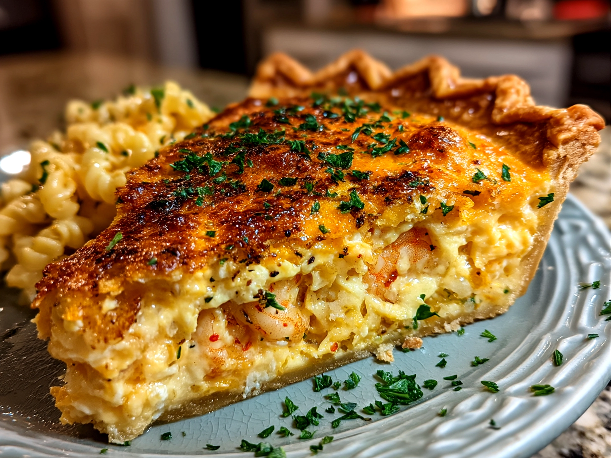 A sliced Shrimp Cheddar Pie served on a plate with greens