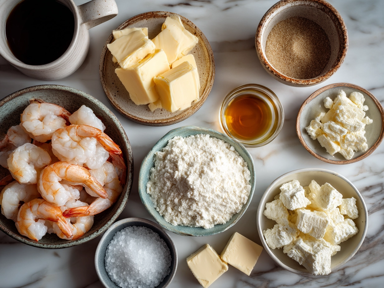 Ingredients laid out for Shrimp Cheddar Pie including shrimp, cheddar cheese, eggs, sour cream, green onions, mustard, pie crust and seasonings
