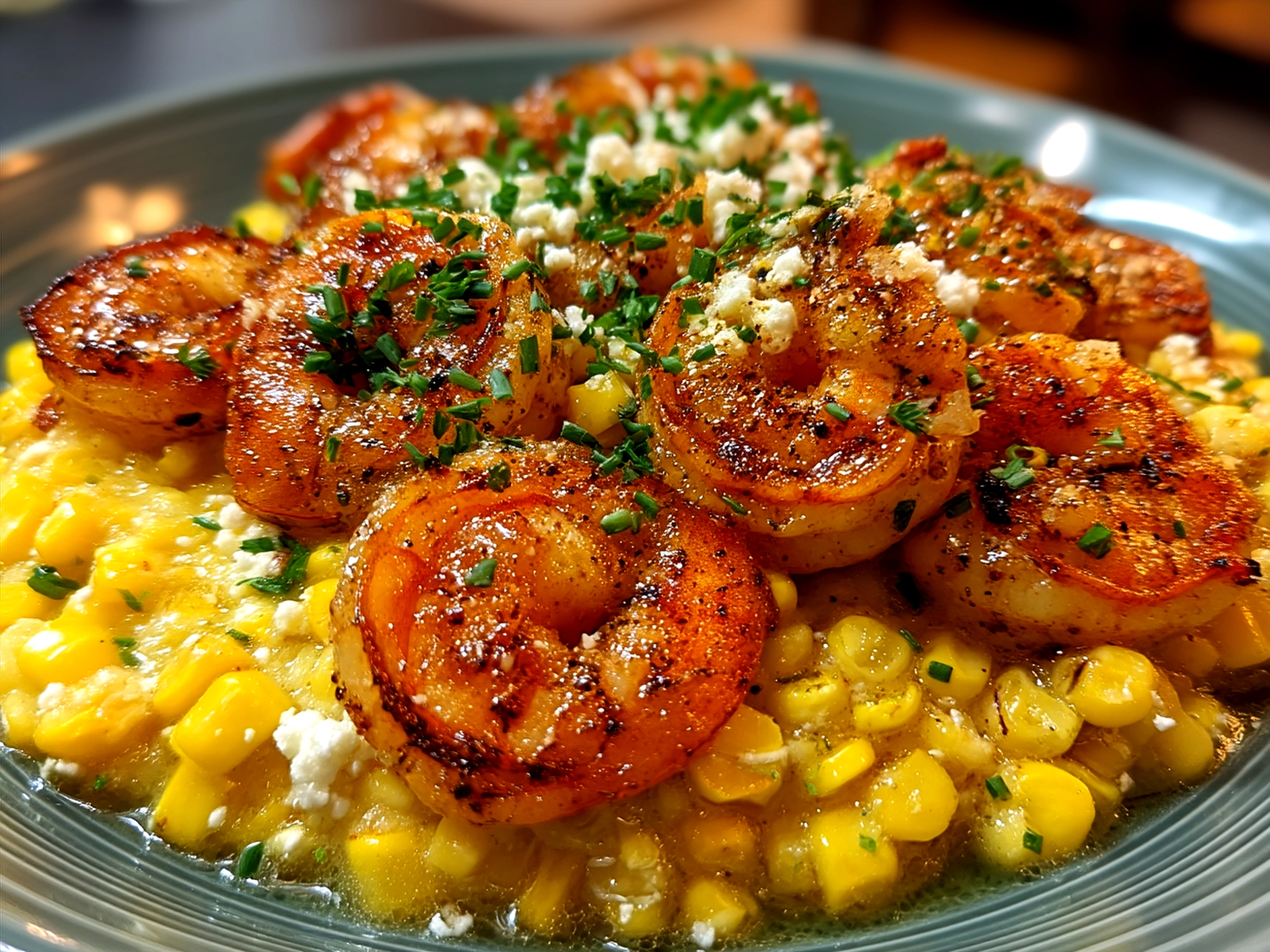 Shrimp with Creamed Corn Feta served over rice on a plate ready to eat