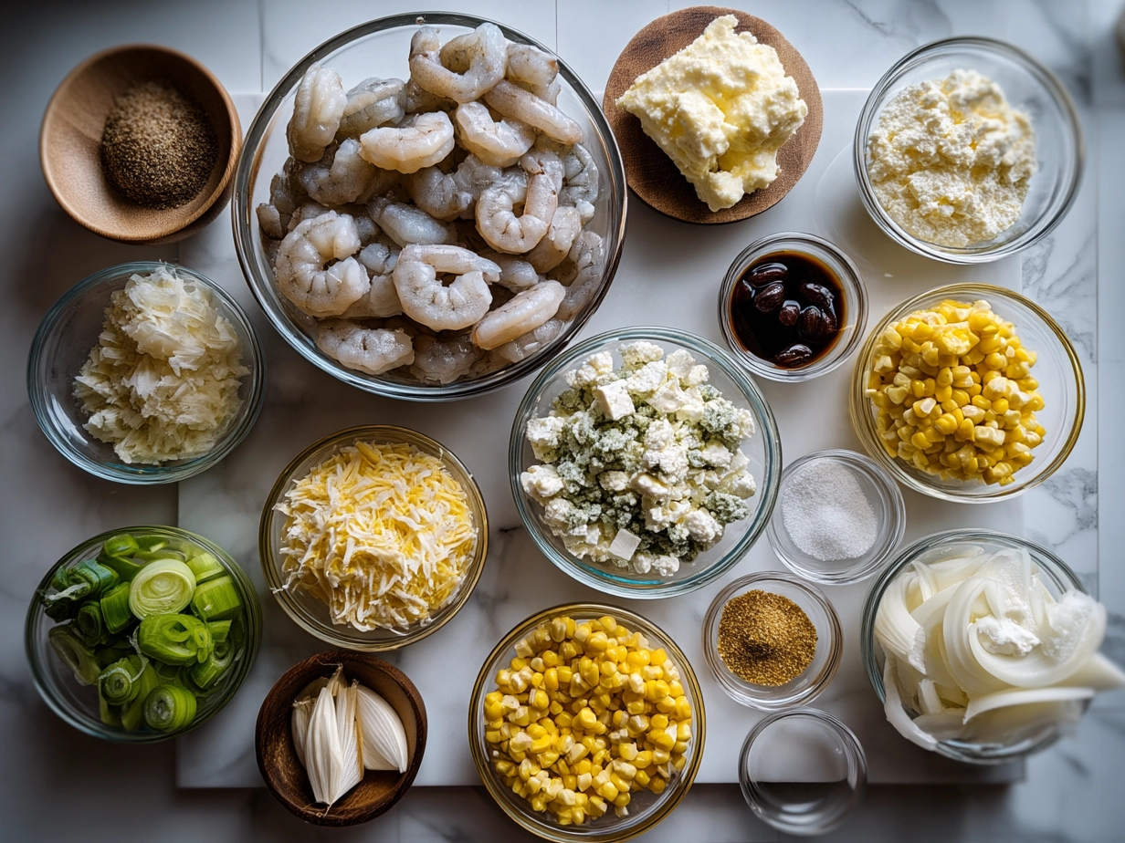 Ingredients for Shrimp with Creamed Corn Feta displayed on a table