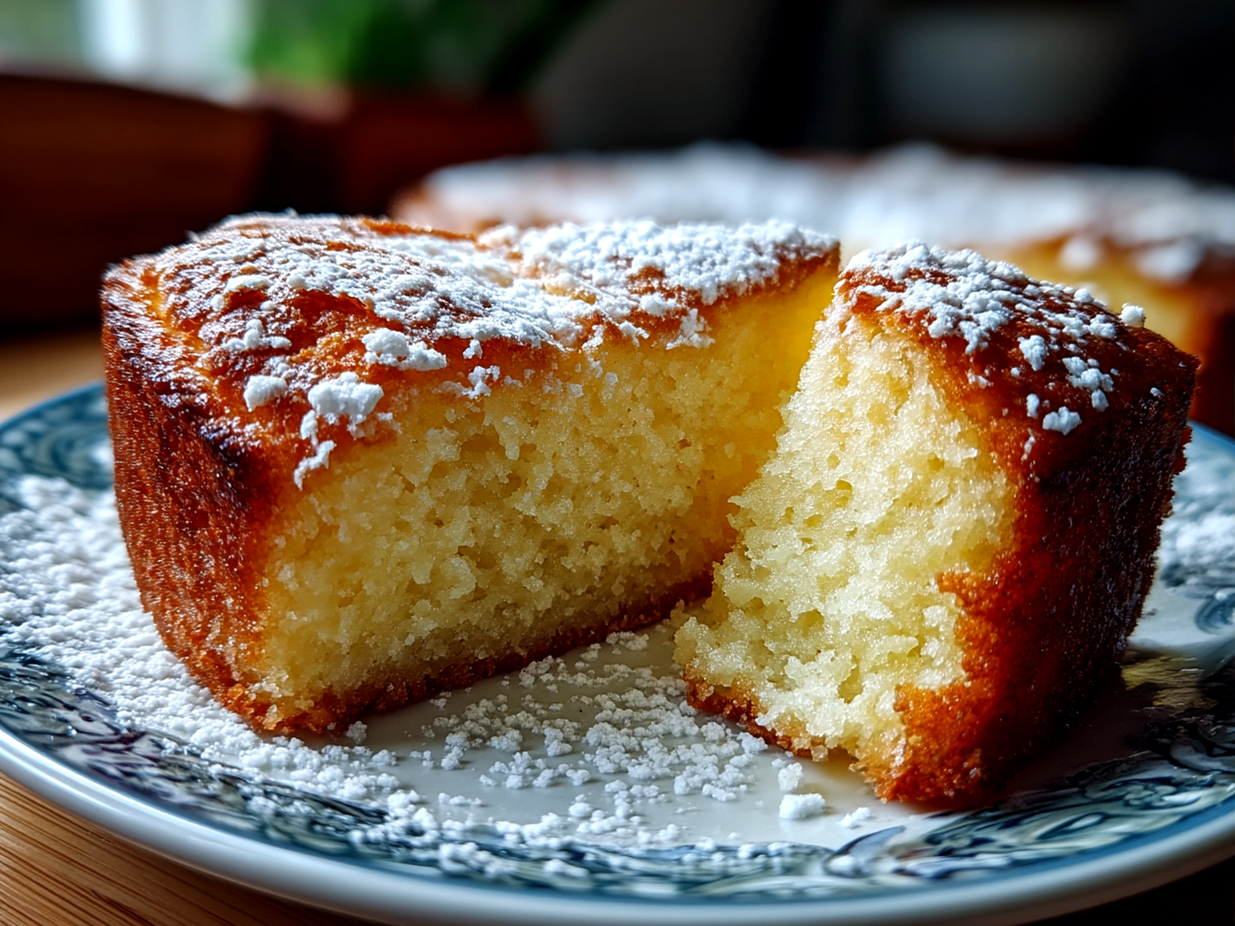 Slight angle close up of finished 3 Ingredient Creamy Yogurt Cake ready to serve