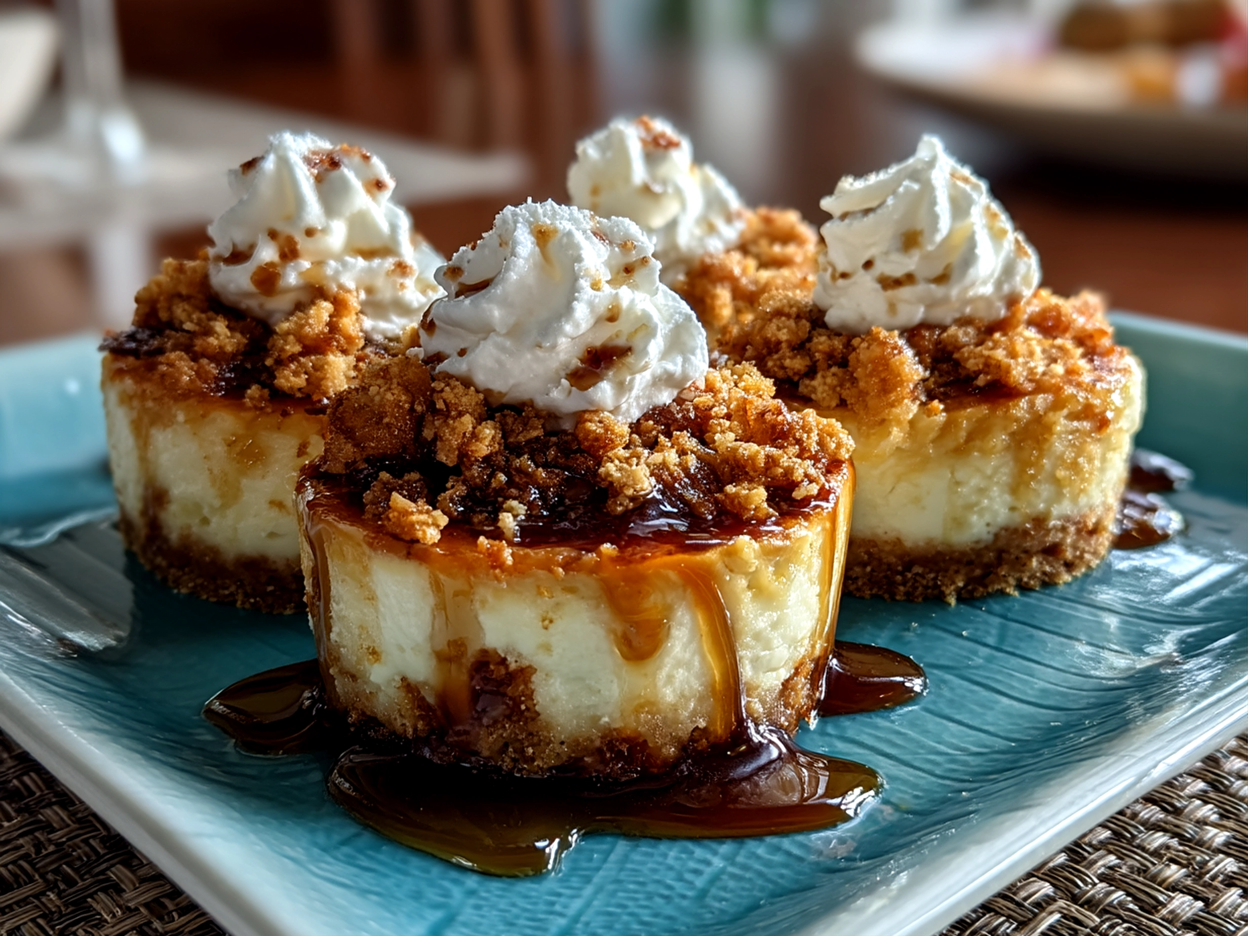 Close-up of Apple Crisp Mini Cheesecakes with streusel topping