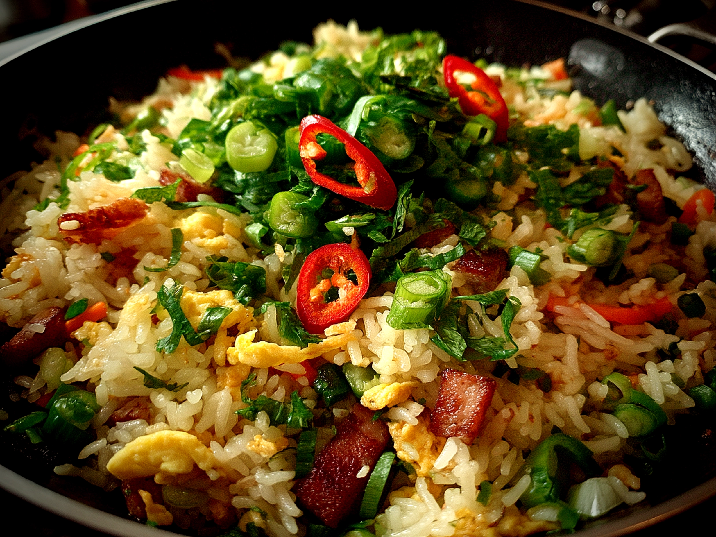 Slight angle close-up of finished Bang Bang Fried Rice in colorful bowl