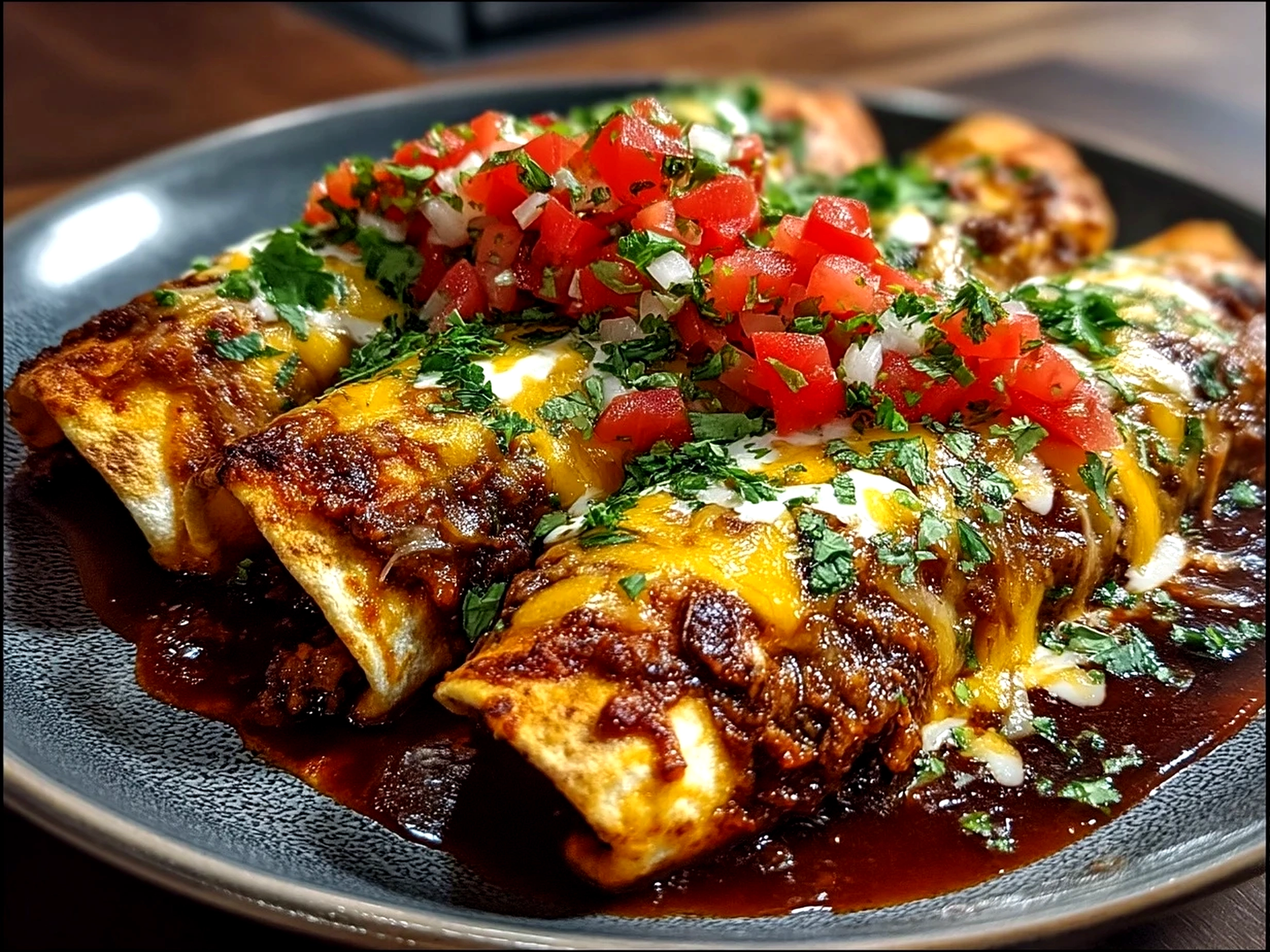 Slight angle close up of finished Birria Enchiladas