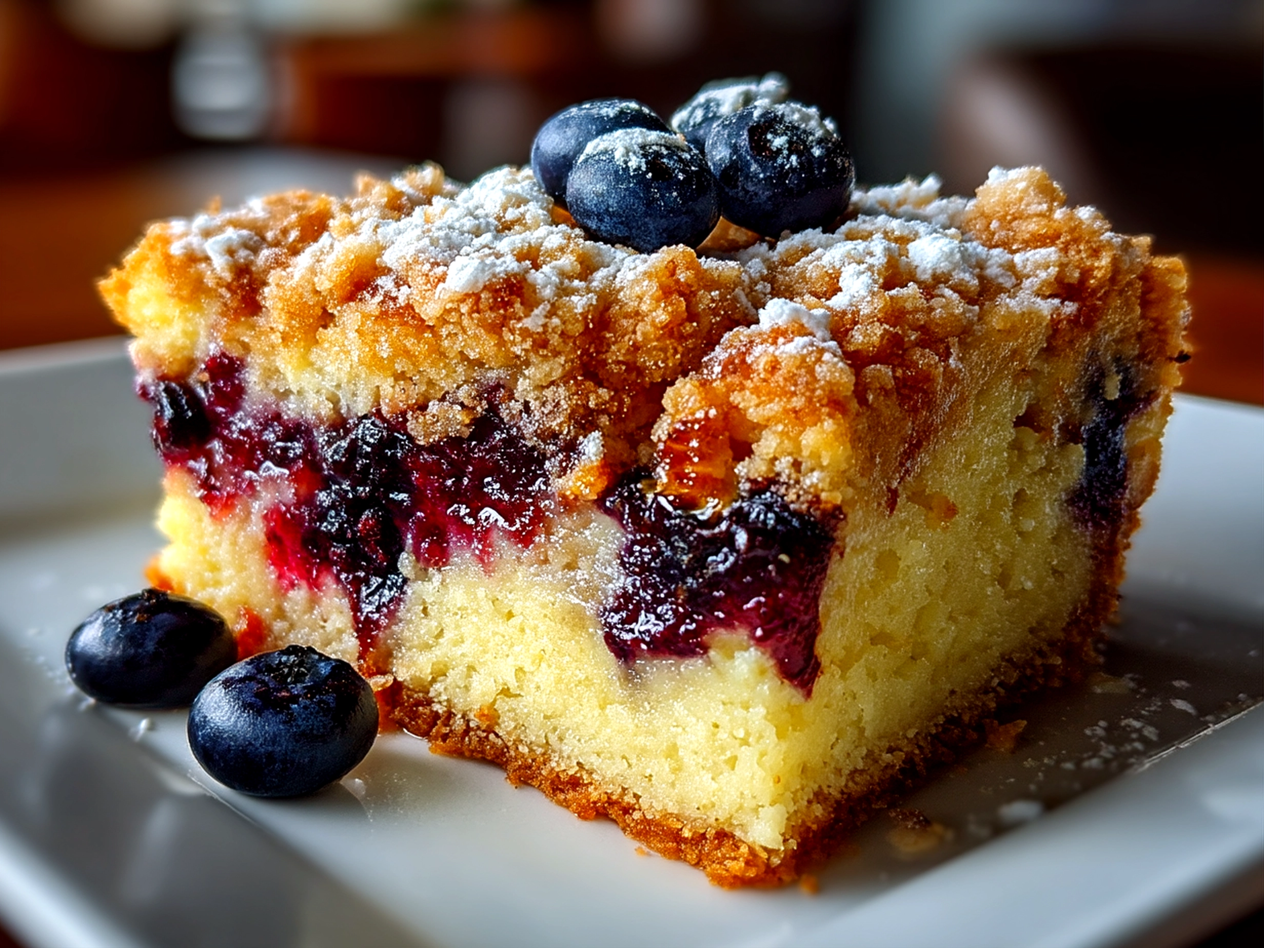 Slight angle close up of finished Blueberry Crumb Cake