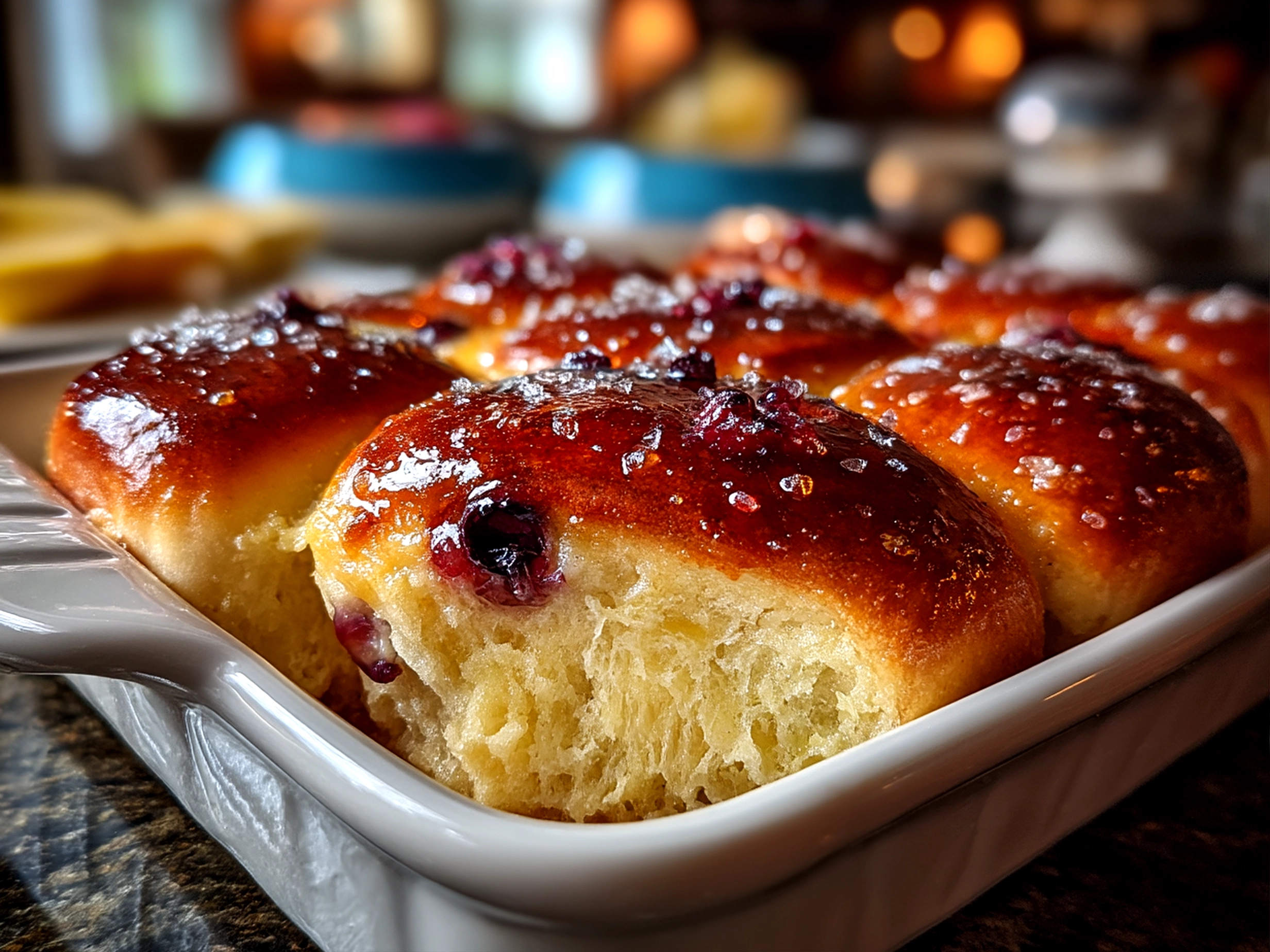 Close up of finished Blueberry Lemon Sourdough Sweet Rolls