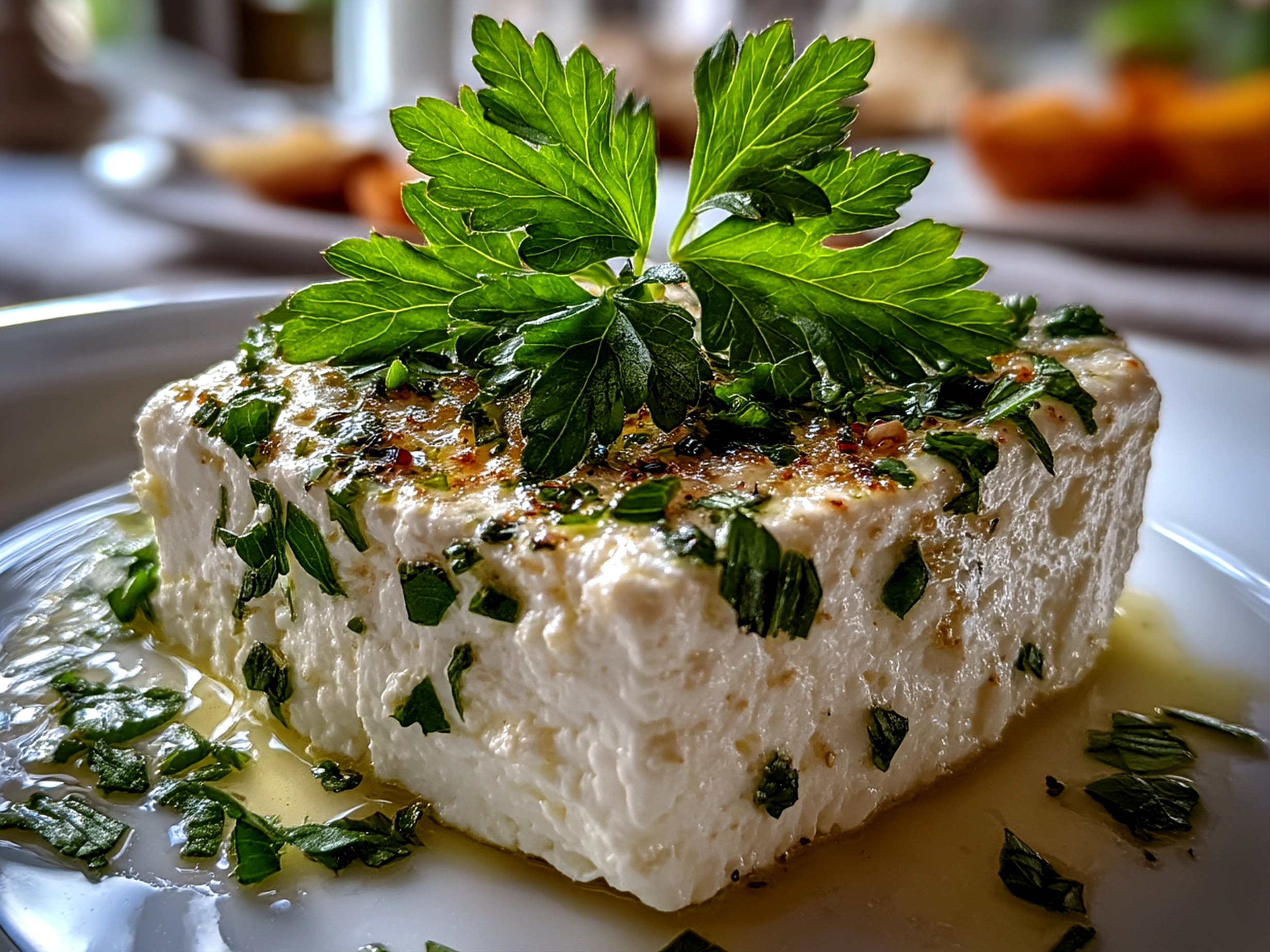 Close up of finished Boursin Cheese spread on white plate ready to serve