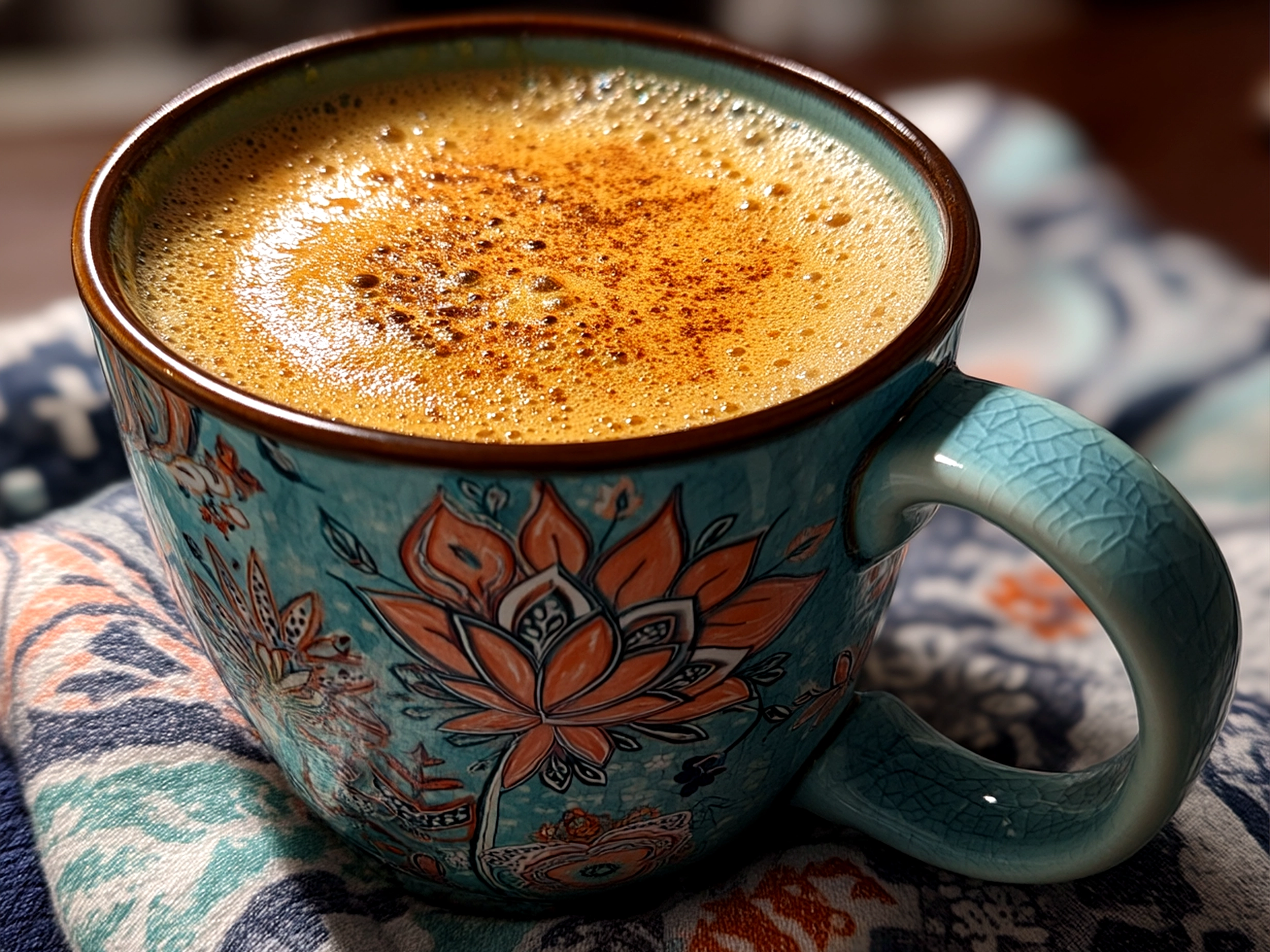 Slight angle close-up of a finished chai tea latte in a cozy mug