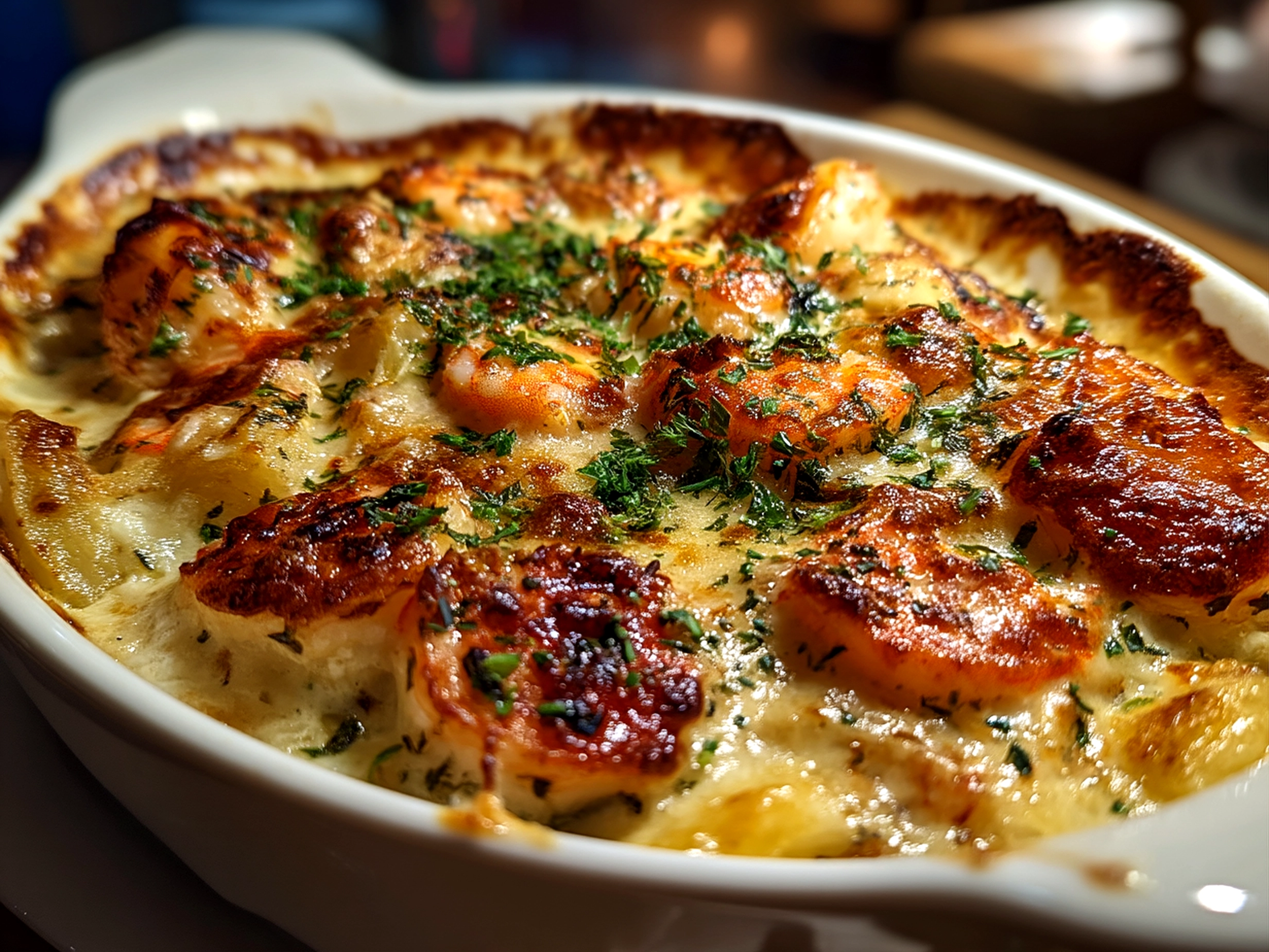 Slight angle close-up of finished comforting creamy seafood gratin