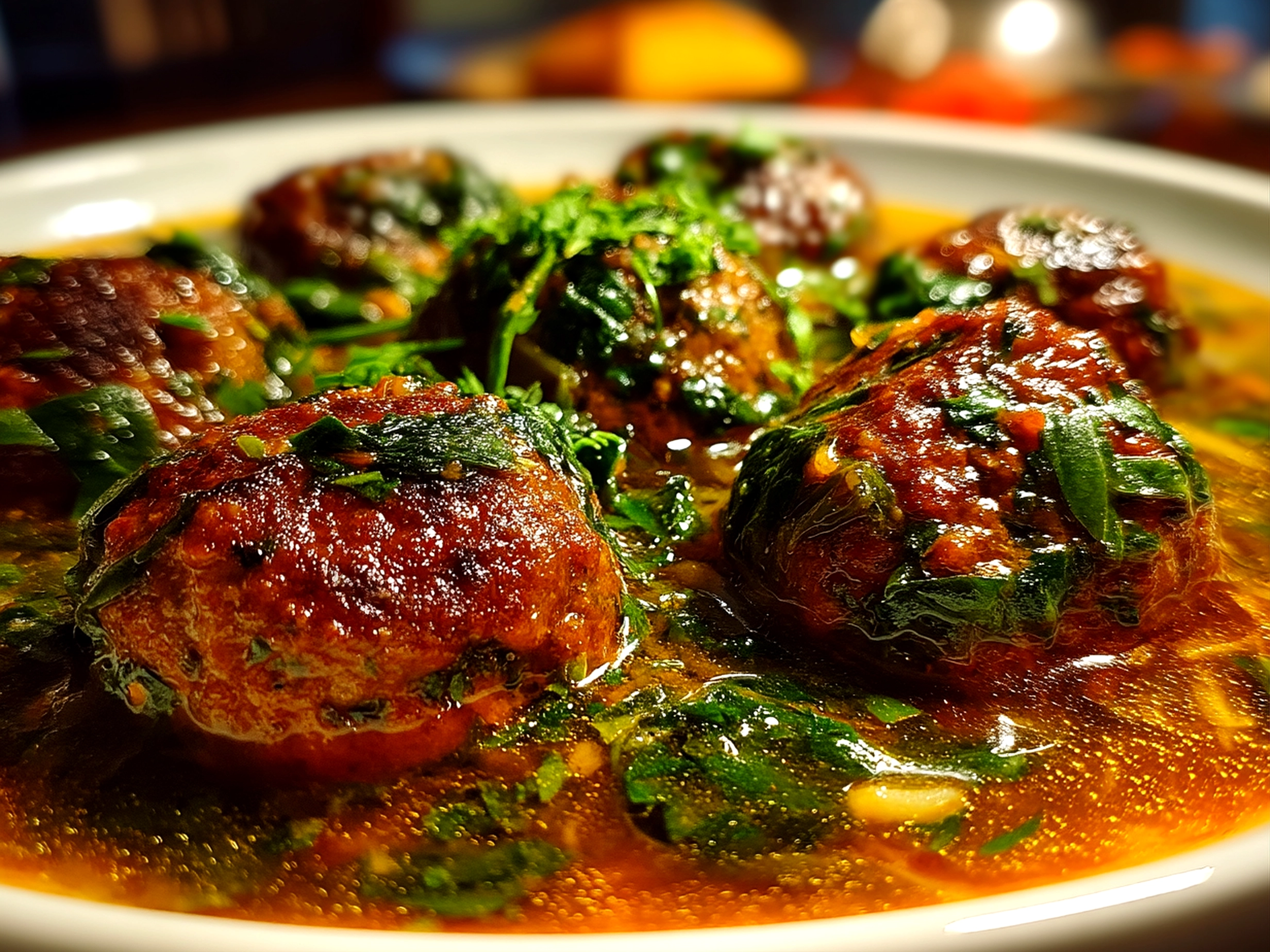 Slight angle close up of finished comforting spinach garlic meatballs ready to serve