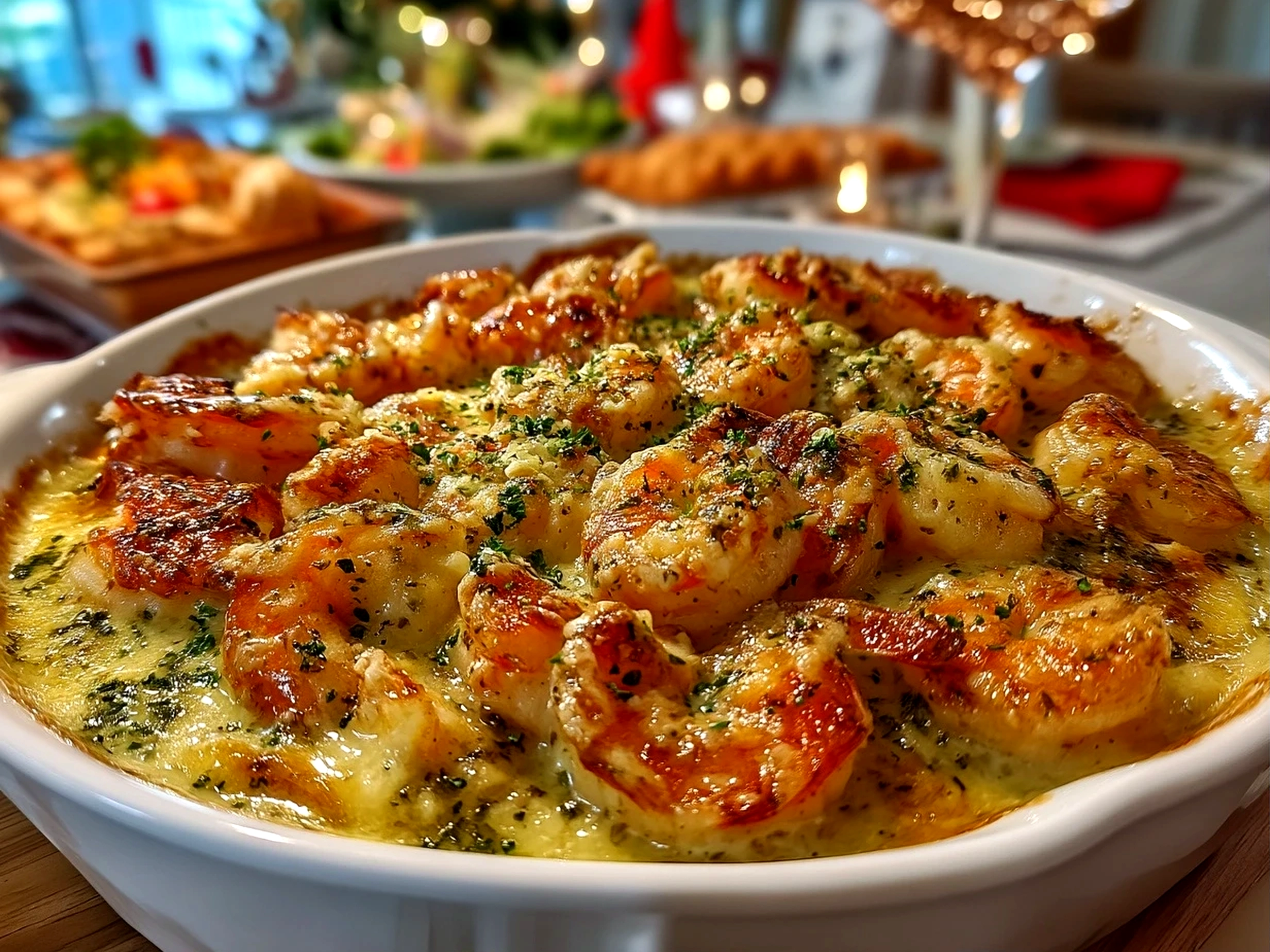 Slight angle close-up of finished creamy shrimp casserole with golden top and melted cheese