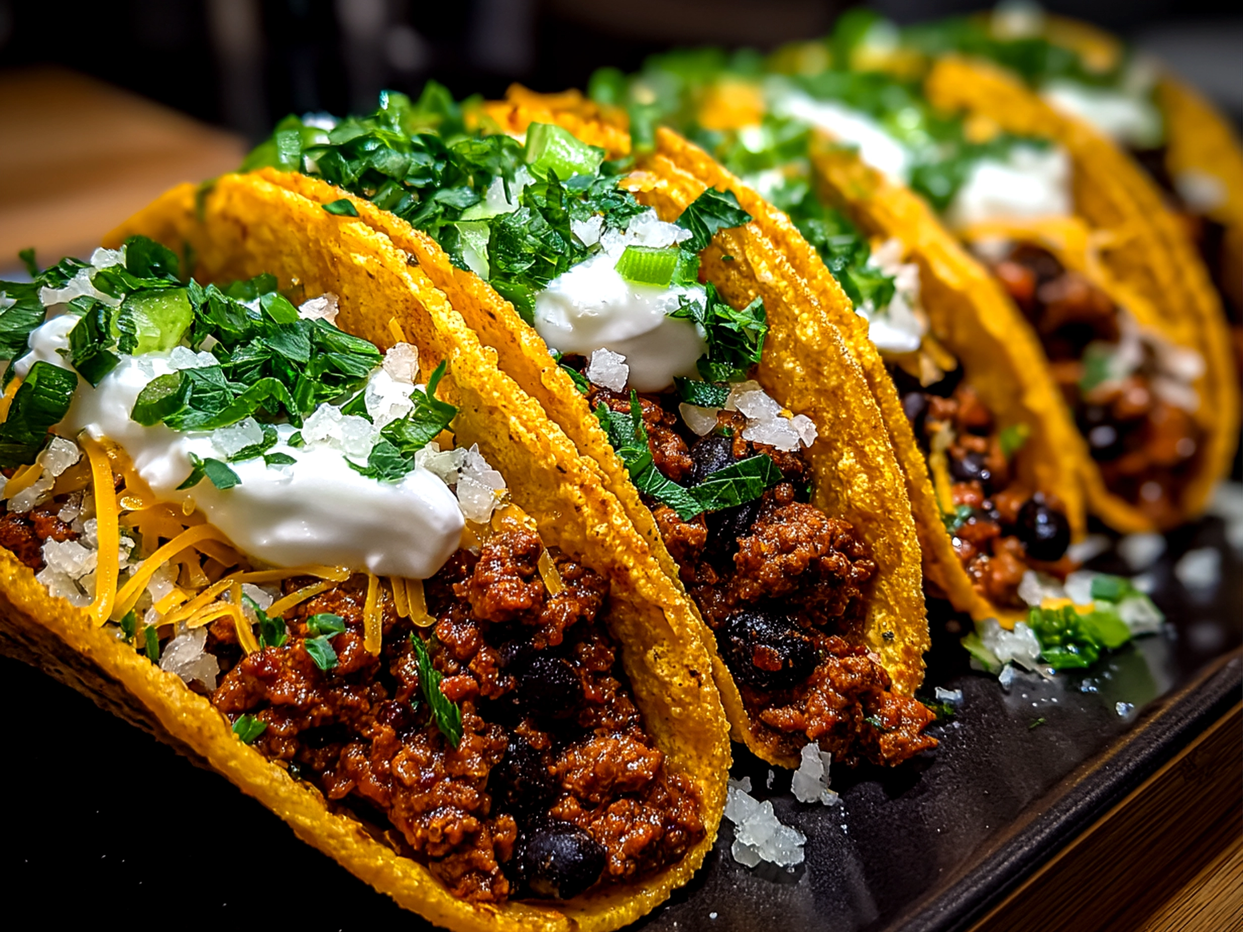 Slight angle close up finished Crispy Baked Ground Turkey Black Bean Tacos