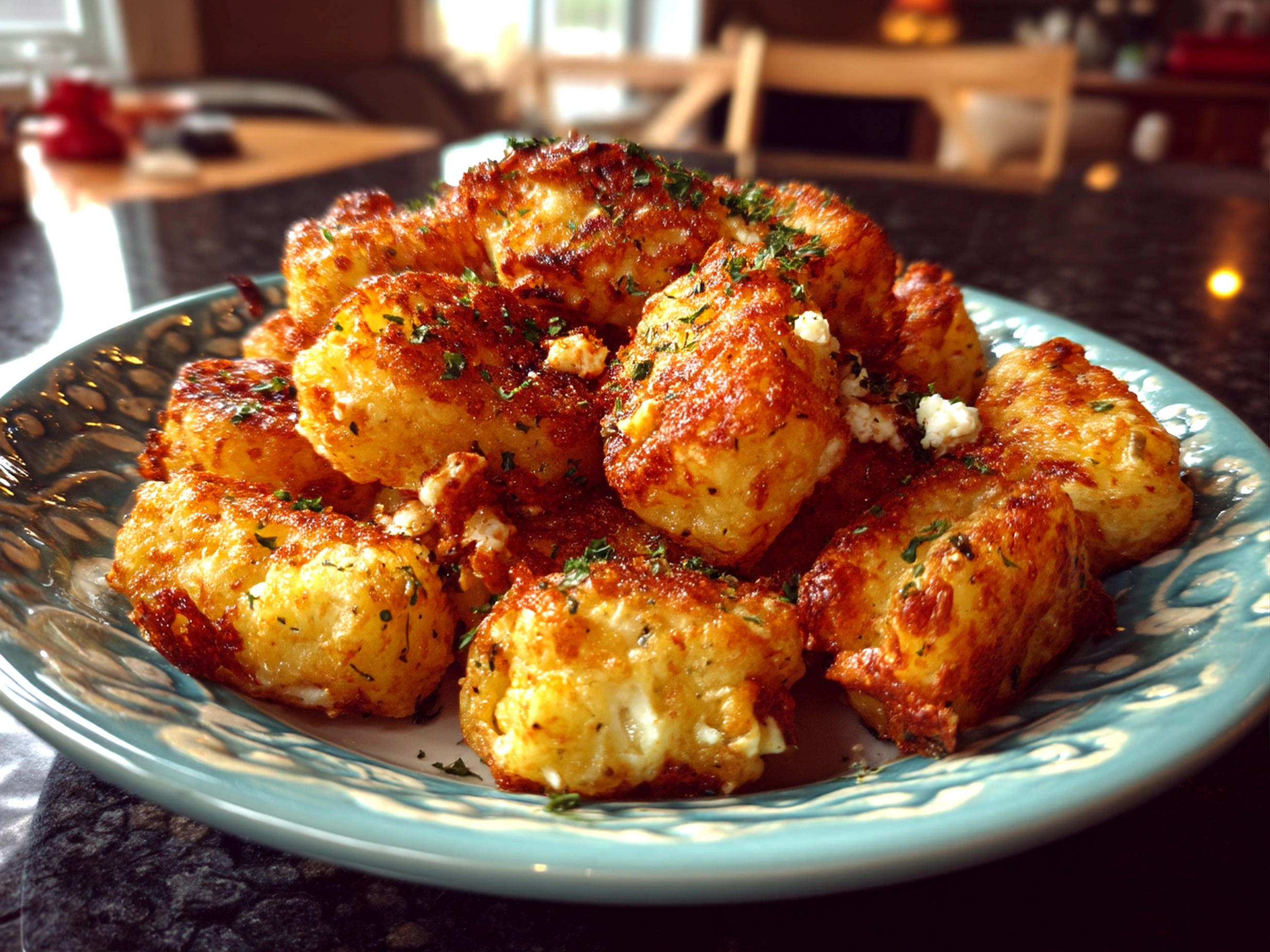 Slight angle close-up of finished delicious Cottage Cheese Tots