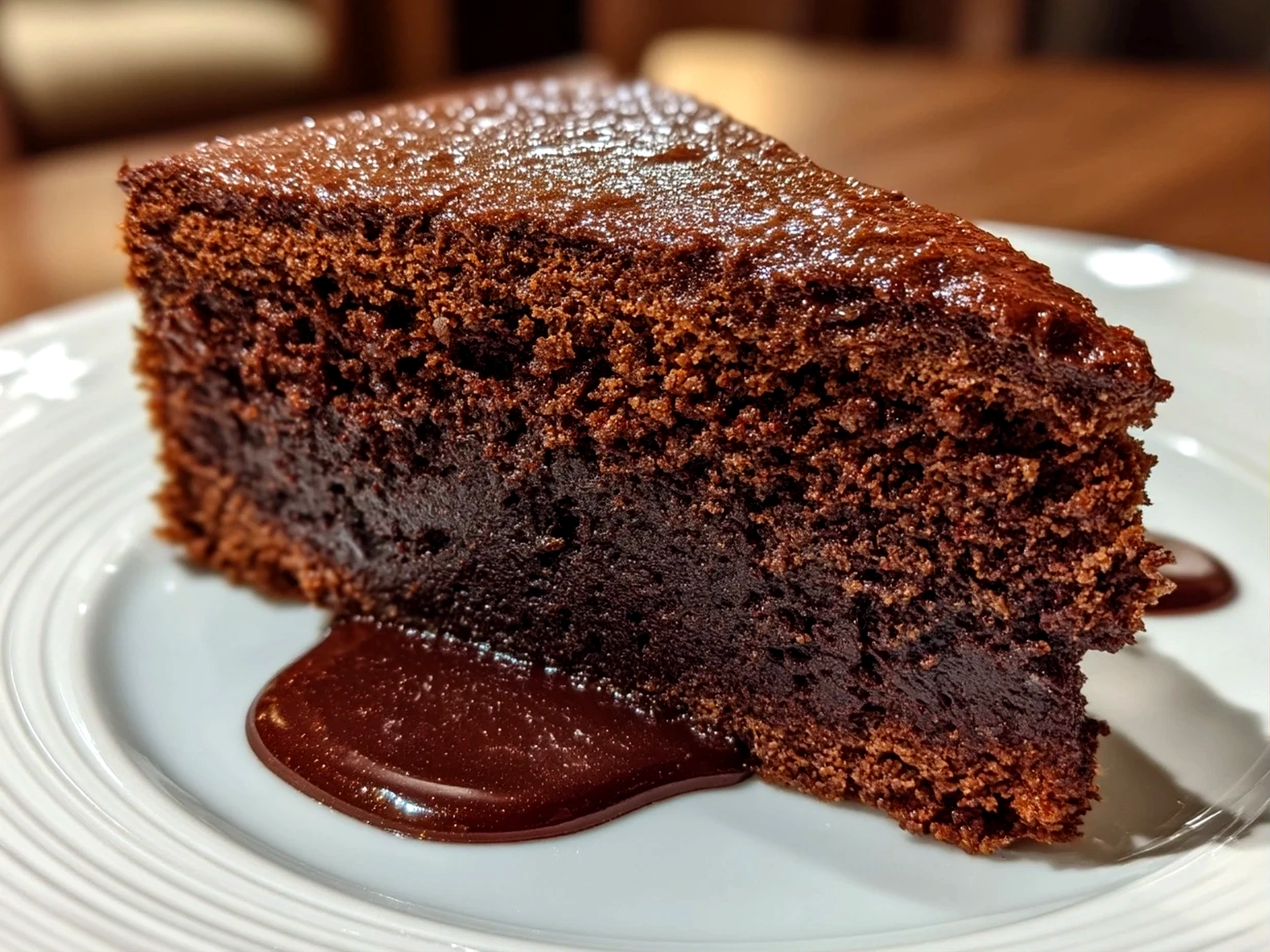 Slight angle close up of freshly prepared layered chocolate cake