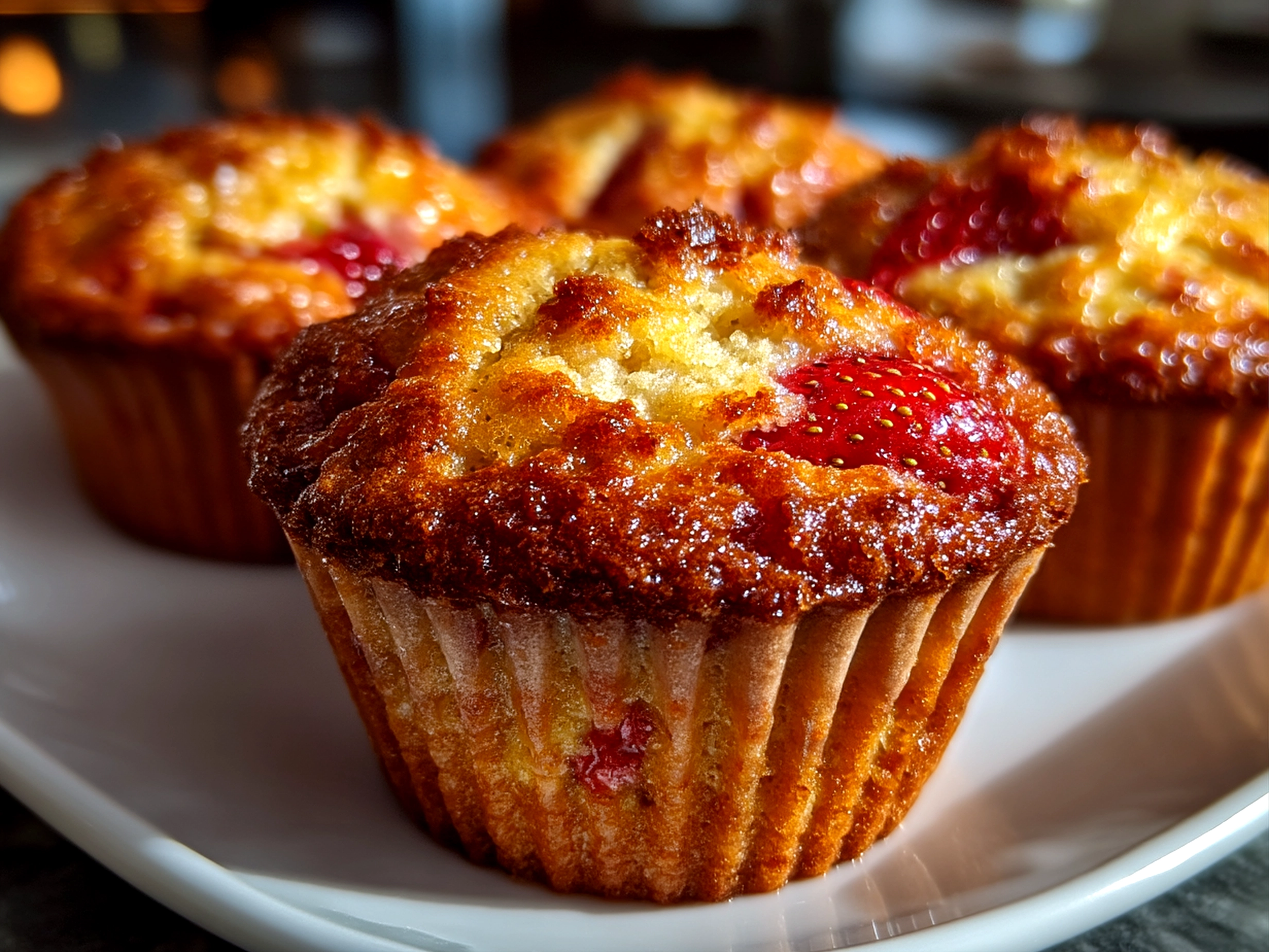 Slight angle close-up of finished Keto Strawberry Muffins with Almond Flour