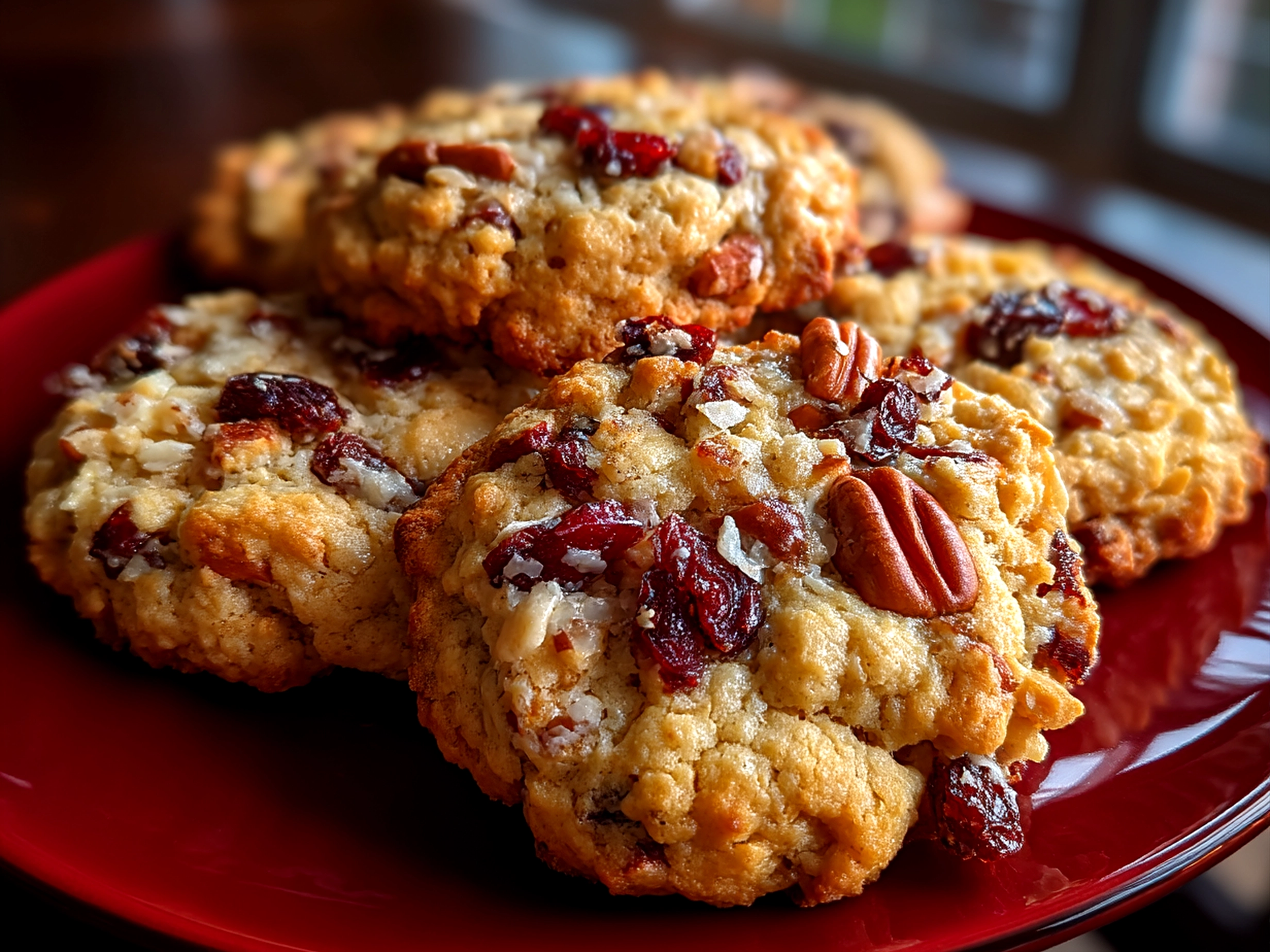 Close-up of finished Oatmeal Cranberry Pecan Cookies with surface shine, ready to serve